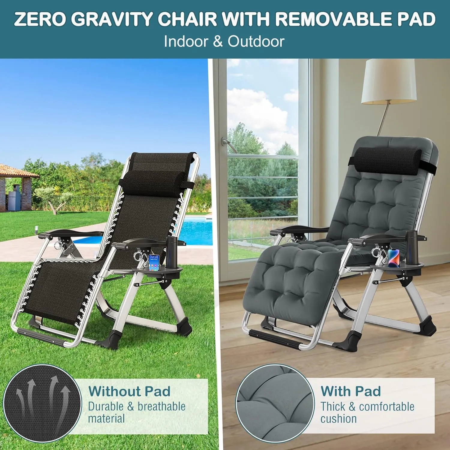 NAIZEA Lounge Chair Zero Gravity Chair Folding Adjustable Reclining Patio Chairs with Cup Holder, Ergonomic Patio Recliner Chairs for Kids and Adult for Indoor Outdoor