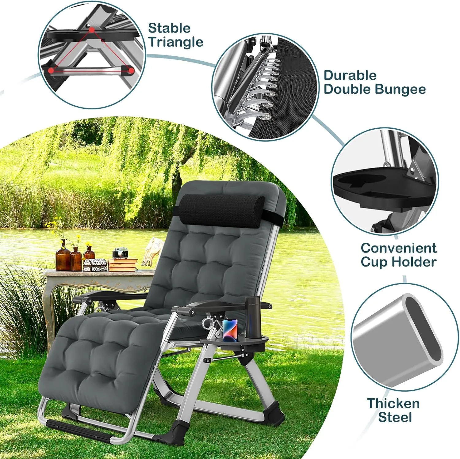 NAIZEA Lounge Chair Zero Gravity Chair Folding Adjustable Reclining Patio Chairs with Cup Holder, Ergonomic Patio Recliner Chairs for Kids and Adult for Indoor Outdoor