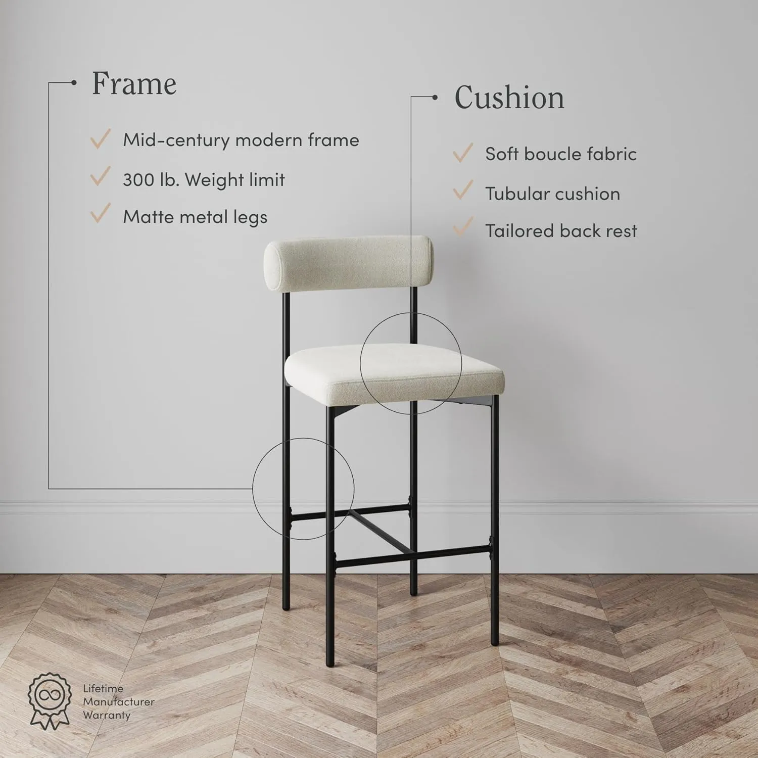 Nathan James Dahlia Counter Height Chair, Boucle Upholstered Modern Barstool with Back, Mid-Century Metal Legs and Padded Cushion for Kitchen, Island and Bars, Light Cream Boucle/Black