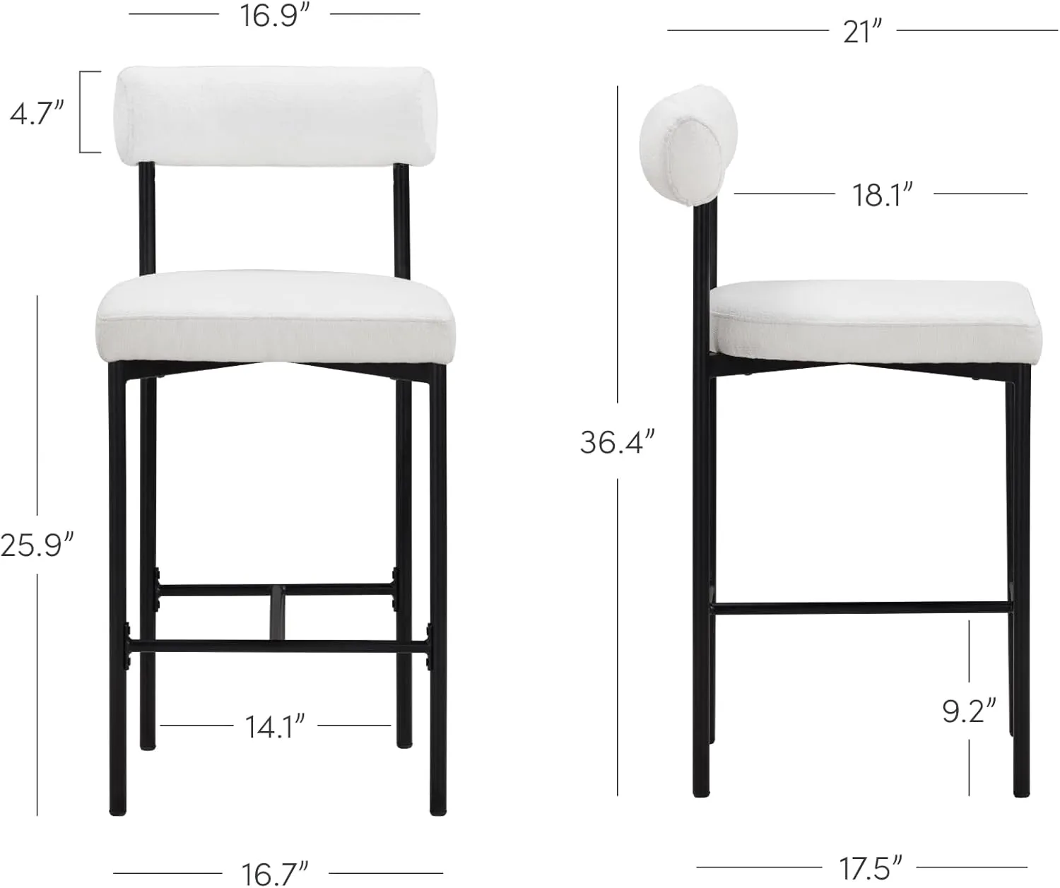 Nathan James Dahlia Counter Height Chair, Boucle Upholstered Modern Barstool with Back, Mid-Century Metal Legs and Padded Cushion for Kitchen, Island and Bars, Light Cream Boucle/Black