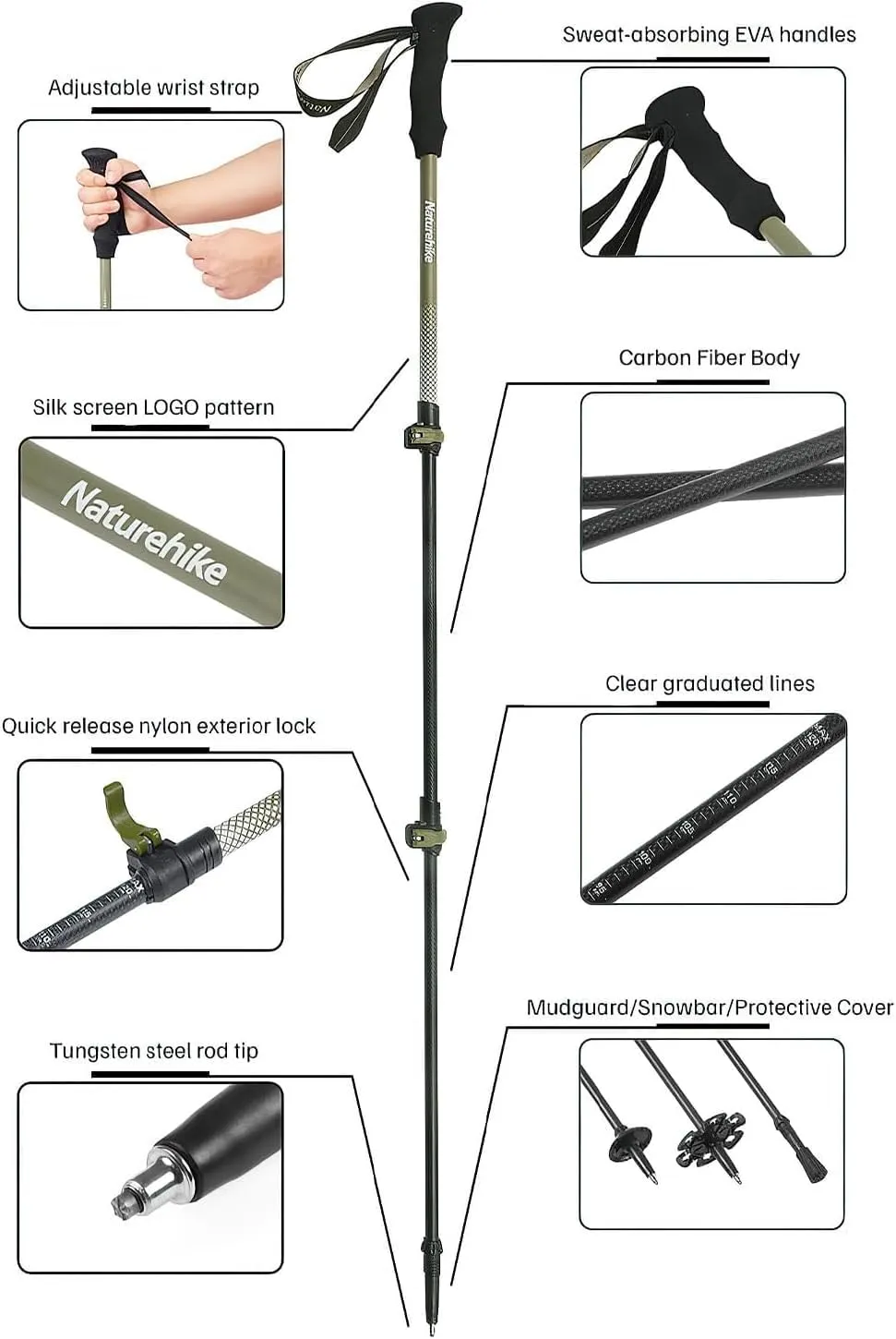 Naturehike 1 Piece 3K Carbon Fiber Trekking Pole-Collapsible and Telescopic 3 Section Ultralight Hiking Pole for Women Men Walking Pole Travel Backpacking Camping