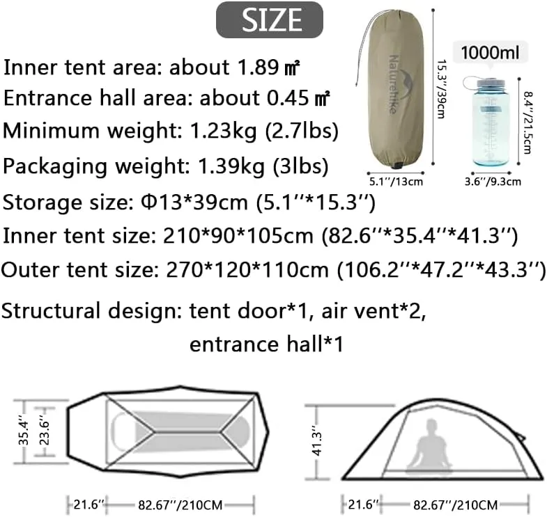 Naturehike 2024 Cloud up Pro Tent, Upgrade Ultralight Tents,1.23kg/2.7lbs,Double 1 Person Tent,for Cycle Camping,Backpacking,Hiking,Self-Standing, Construction,Easy Set up