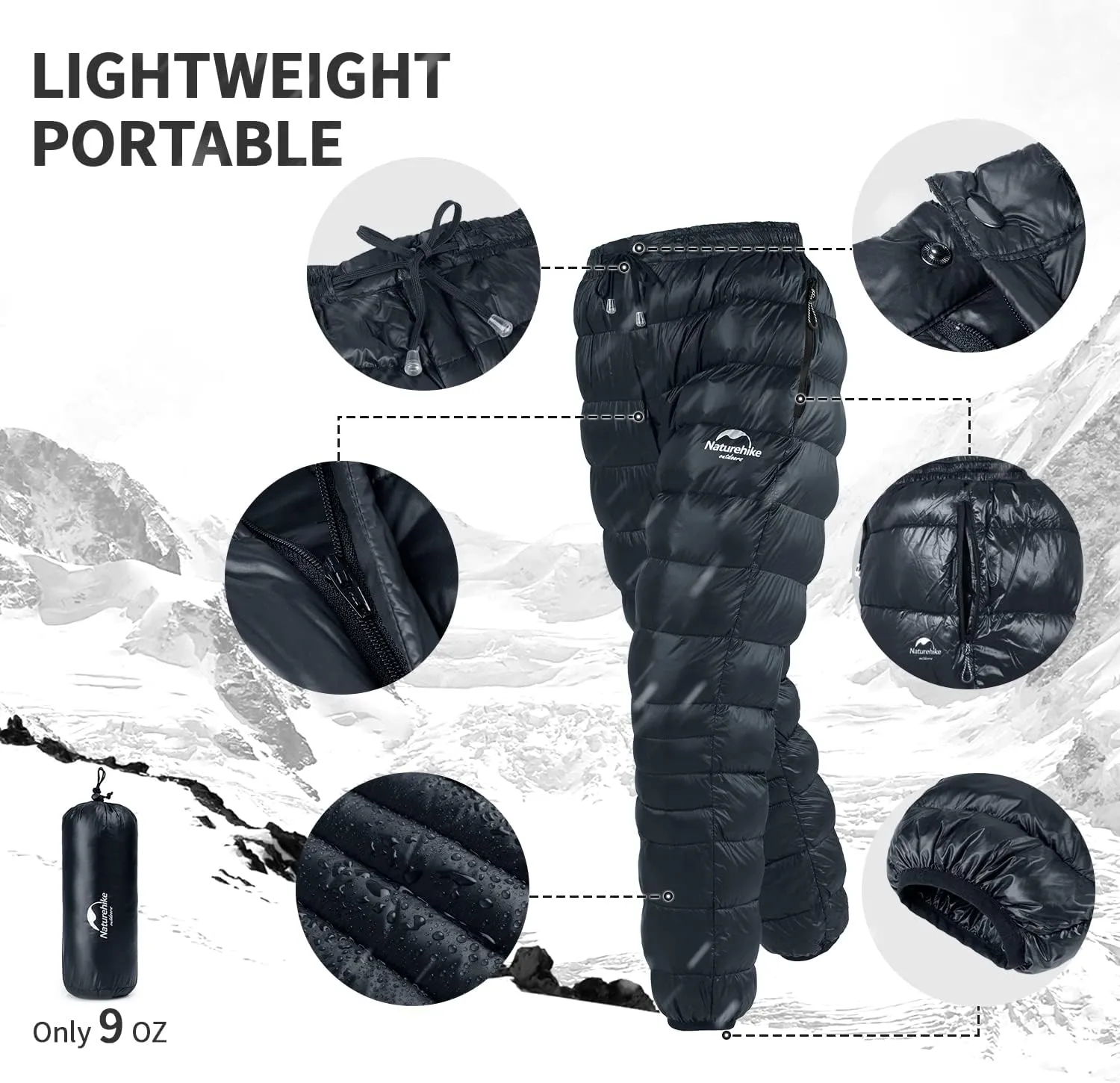 Naturehike Down Pants,Men's Women's Puffy Pants,Winter Warm Outdoor Men Women Ski Snow Pants,Camping Hiking Pants