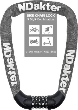 NDakter Bike Chain Lock, 5 Digit Combination Heavy Duty Anti Theft Bicycle Chain Lock,2.62/3.2/4.27/5/6Ft Long Security Resettable Bike Locks for Bike, Bicycle, Scooter, Door, Gate, Fence-4/6mm Thick