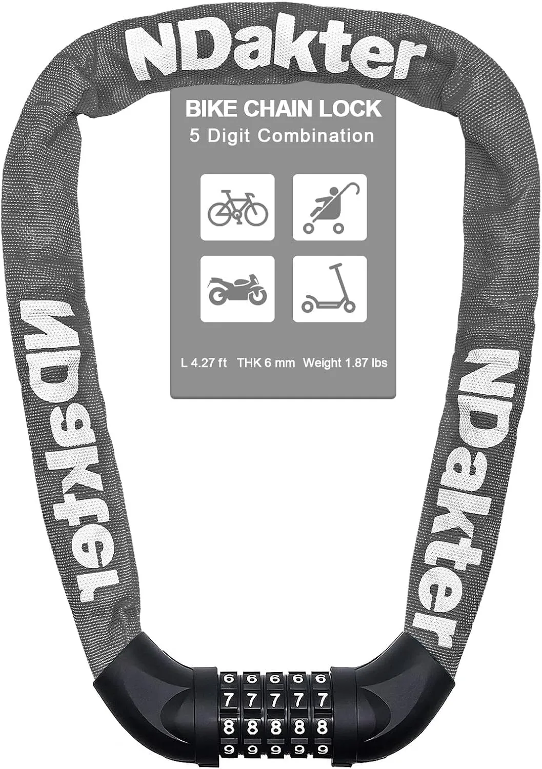 NDakter Bike Chain Lock, 5 Digit Combination Heavy Duty Anti Theft Bicycle Chain Lock,2.62/3.2/4.27/5/6Ft Long Security Resettable Bike Locks for Bike, Bicycle, Scooter, Door, Gate, Fence-4/6mm Thick