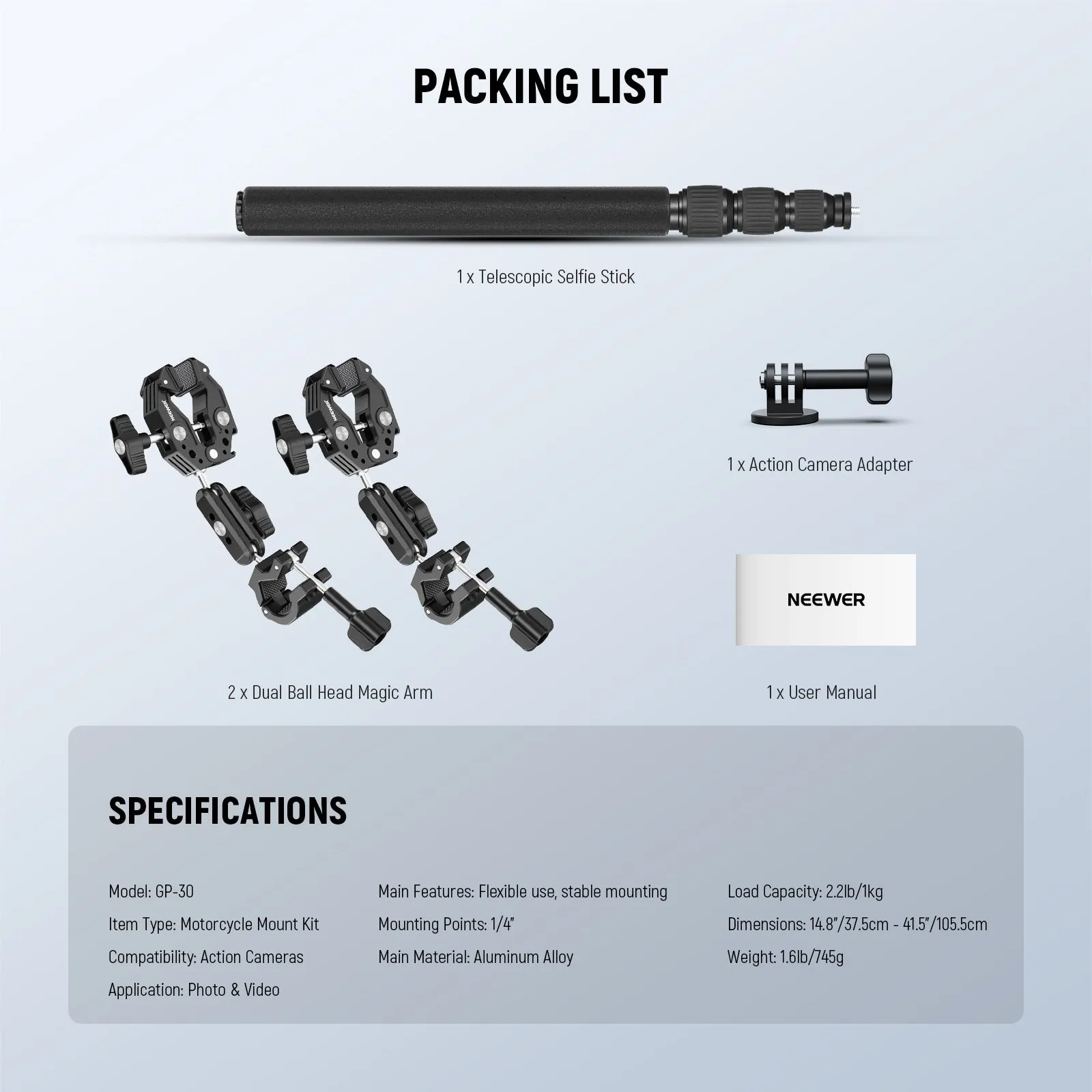 NEEWER GP-30 Motorcycle Action Camera Mount Kit with Selfie Stick & Magic Arms