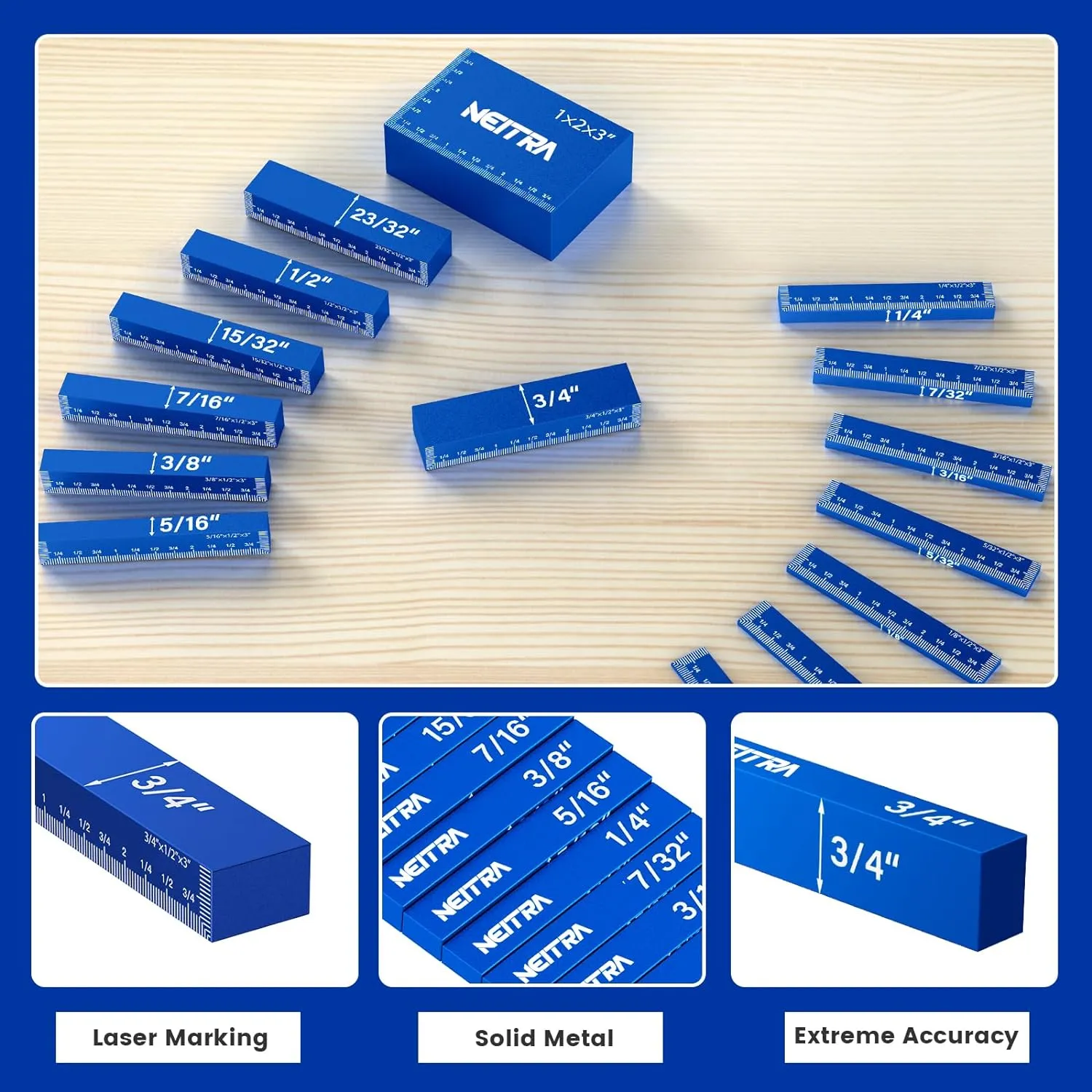 Neitra Setup Blocks Woodworking - 15 PCS Aluminum Height Gauge Blocks Set for Router and Table Saw Accessories Woodworking Set Up, Precision Setup Bars Include Laser Engraved Size Markings