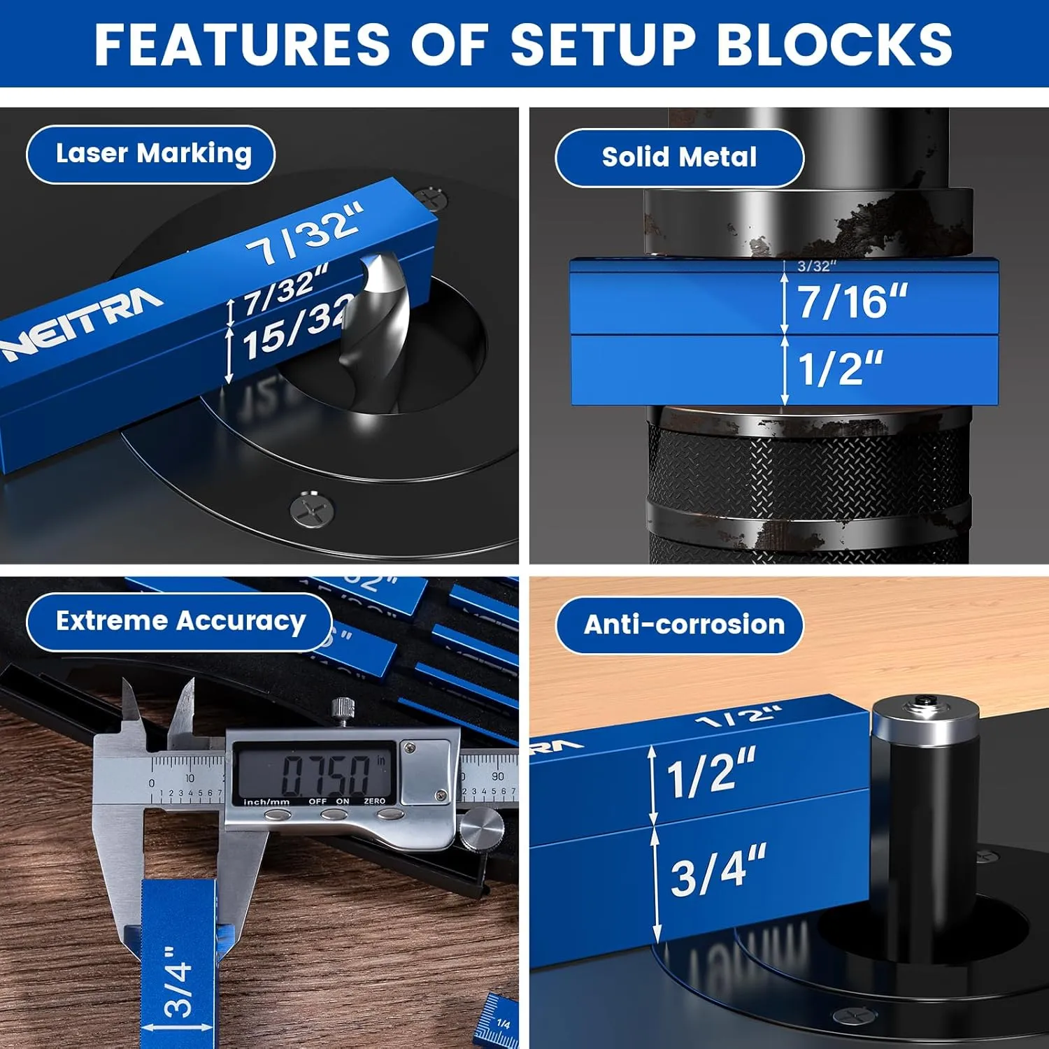 Neitra Setup Blocks Woodworking - 15 PCS Aluminum Height Gauge Blocks Set for Router and Table Saw Accessories Woodworking Set Up, Precision Setup Bars Include Laser Engraved Size Markings