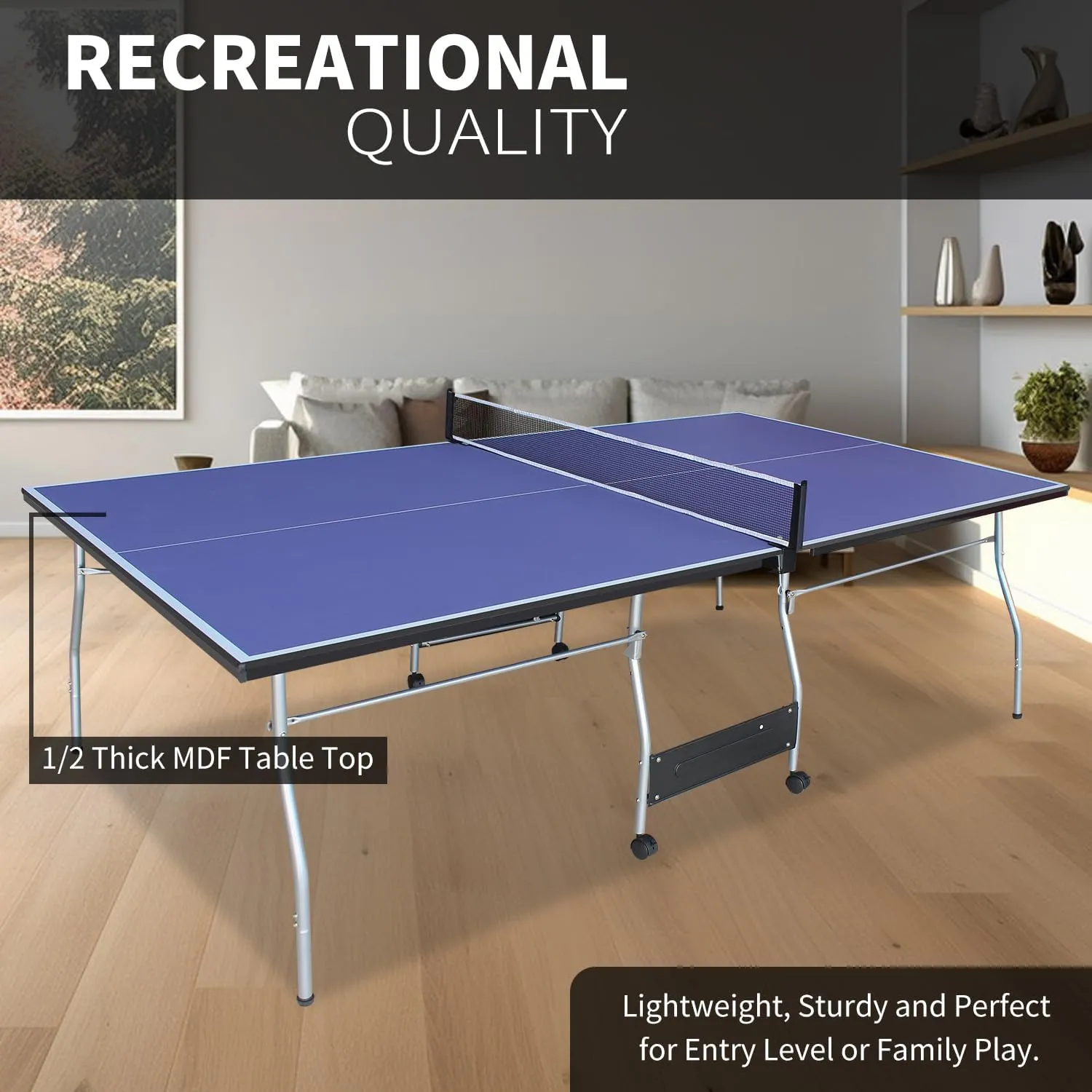 NicBex Ping Pong Table 8ft Mid-Size Table Tennis Table Foldable Portable Ping Pong Table Set with Net, 2 Table Tennis Paddles and 3 Balls for Indoor & Outdoor Games for Adults and Family, Blue
