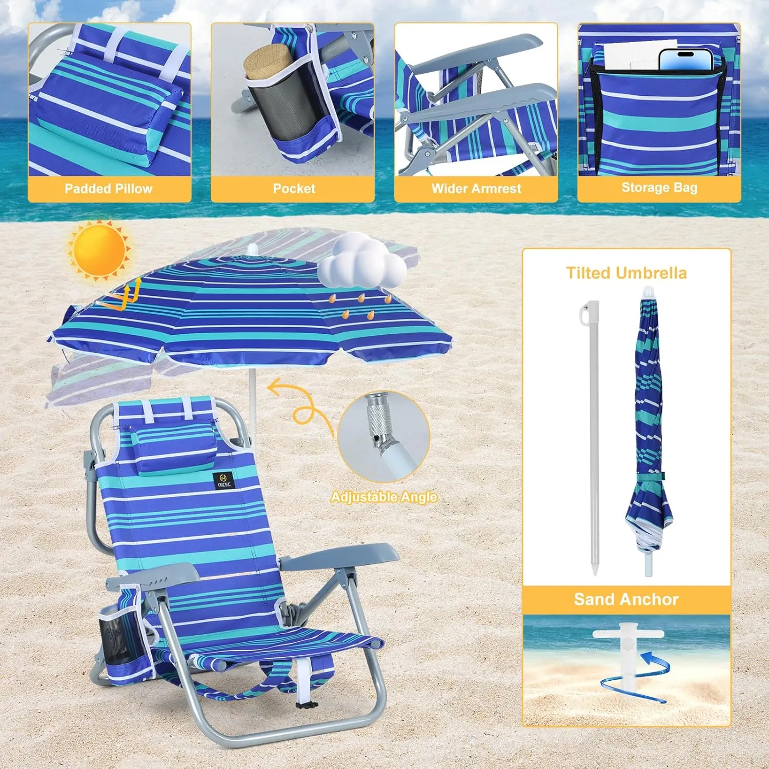 Nice C Toddler Beach Chair, Kids Beach Chair with Umbrella, Baby Beach Chair, Kids Beach Chair, Kids Camping Chair, Toddler Camping Chair, Backpack Beach Chair 5-Position, Kids Folding Chair (2-Pack)