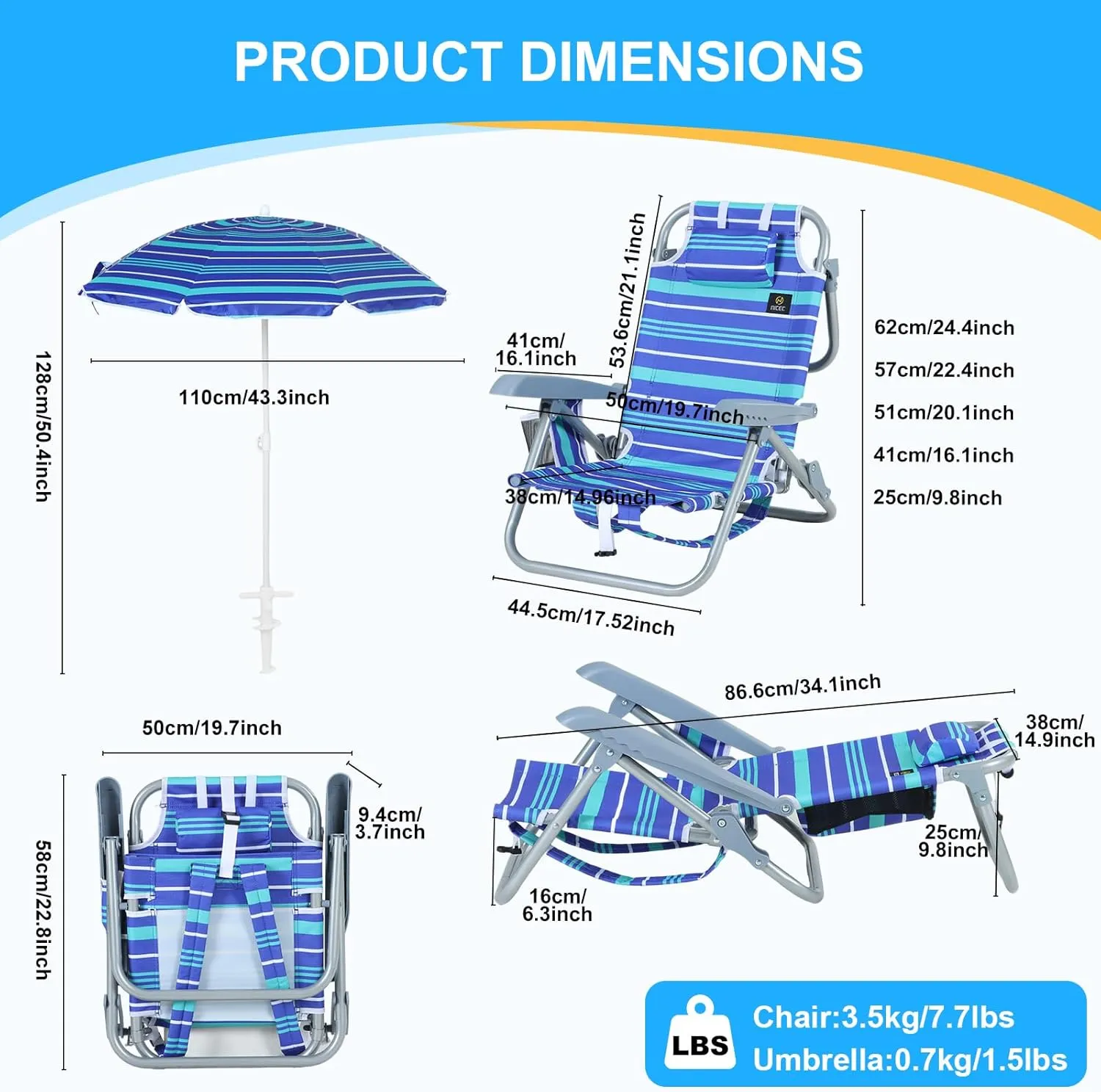 Nice C Toddler Beach Chair, Kids Beach Chair with Umbrella, Baby Beach Chair, Kids Beach Chair, Kids Camping Chair, Toddler Camping Chair, Backpack Beach Chair 5-Position, Kids Folding Chair (2-Pack)