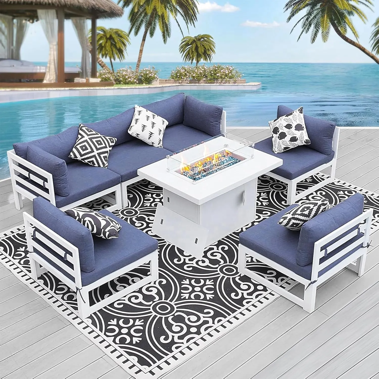 NICESOUL® 7 Pieces Aluminum Outdoor Patio Sectional Furniture Sofa Set with Fire Pit Table Large Size Luxury Durable Weather Resistant for Garden Porch Backyard Party Thicken Blue Olefin Cushion