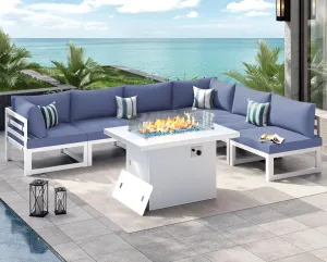 NICESOUL® 7 Pieces Aluminum Outdoor Patio Sectional Furniture Sofa Set with Fire Pit Table Large Size Luxury Durable Weather Resistant for Garden Porch Backyard Party Thicken Blue Olefin Cushion