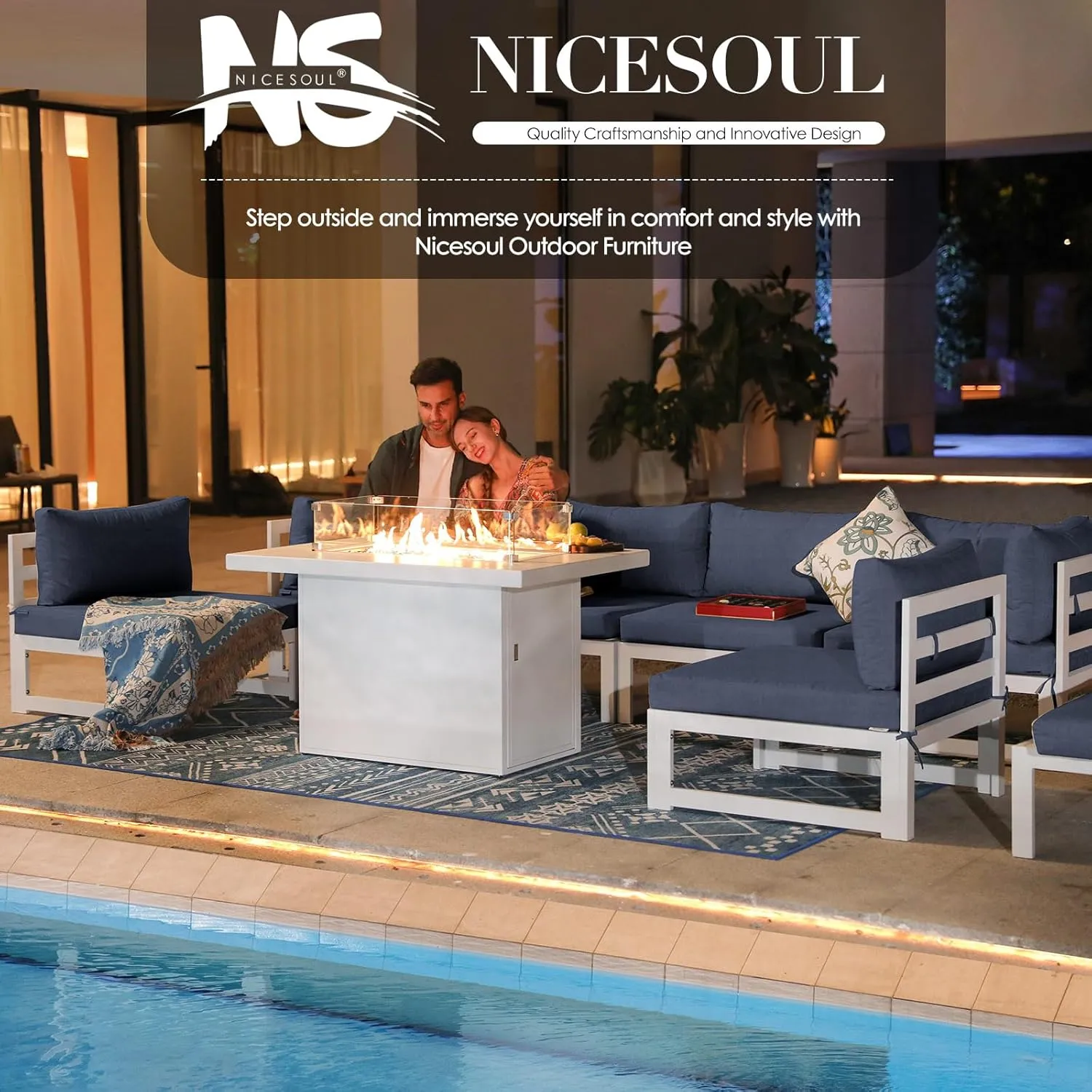 NICESOUL® 7 Pieces Aluminum Outdoor Patio Sectional Furniture Sofa Set with Fire Pit Table Large Size Luxury Durable Weather Resistant for Garden Porch Backyard Party Thicken Blue Olefin Cushion