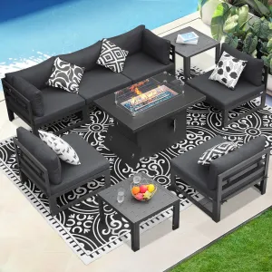 NICESOUL Aluminum Patio Sofa with Fire Pit, Table 6 Seater 9-Piece