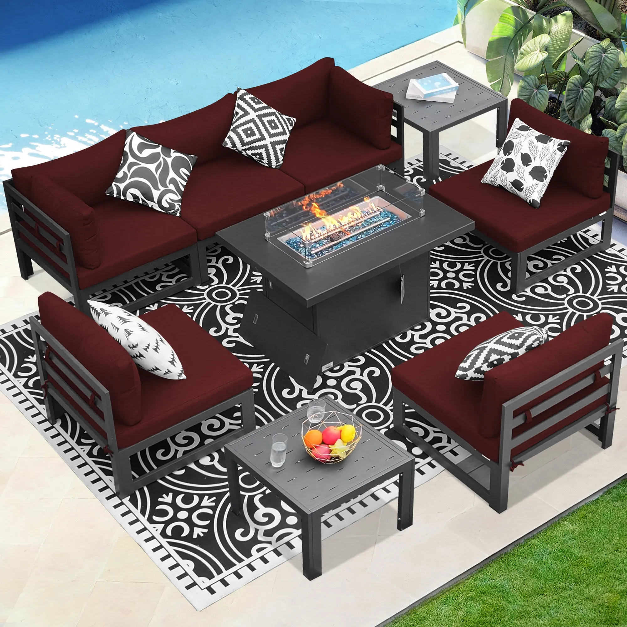 NICESOUL Aluminum Patio Sofa with Fire Pit, Table 6 Seater 9-Piece