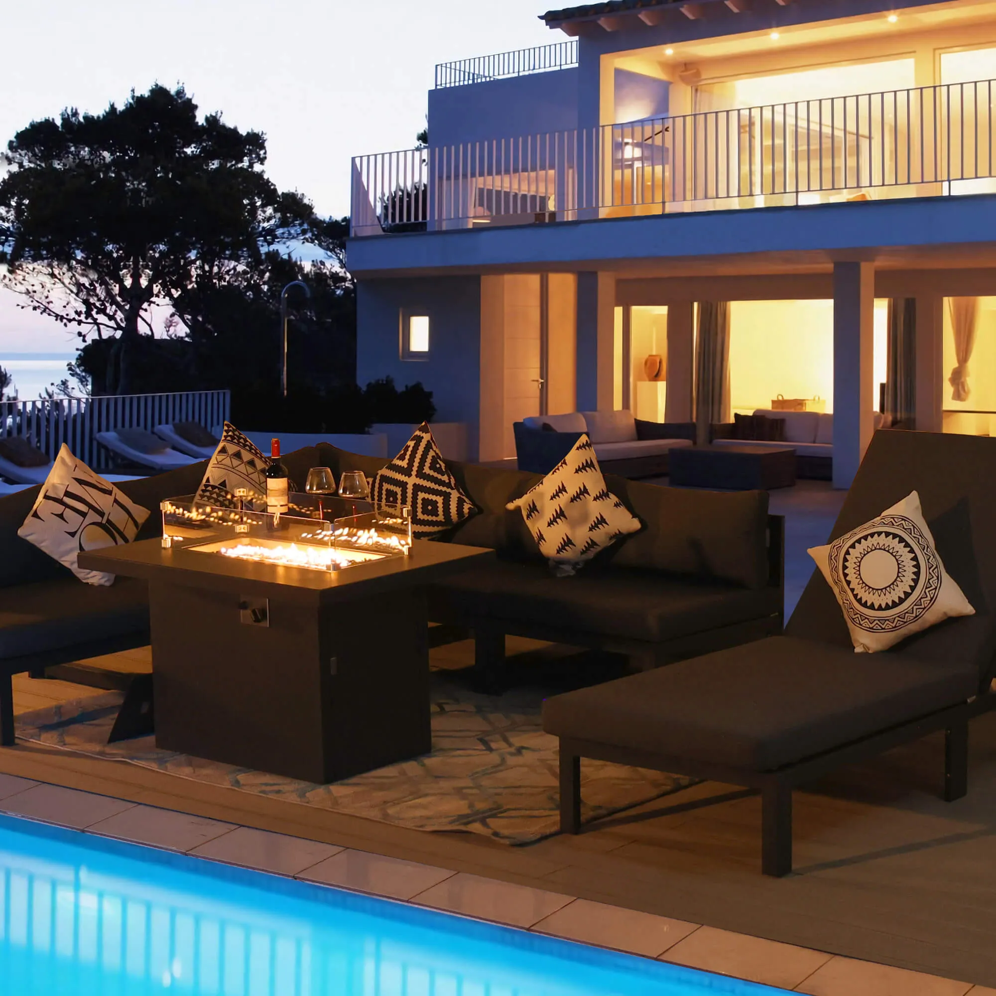 NICESOUL Aluminum Patio Sofa with Fire Pit, Table 6 Seater 9-Piece