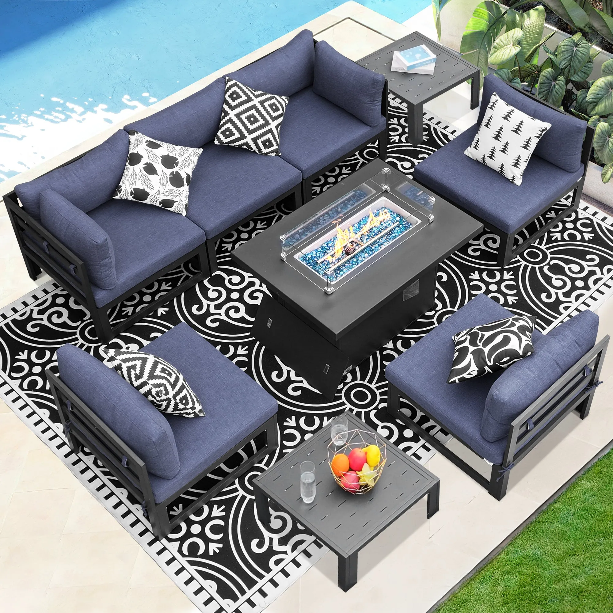 NICESOUL Aluminum Patio Sofa with Fire Pit, Table 6 Seater 9-Piece