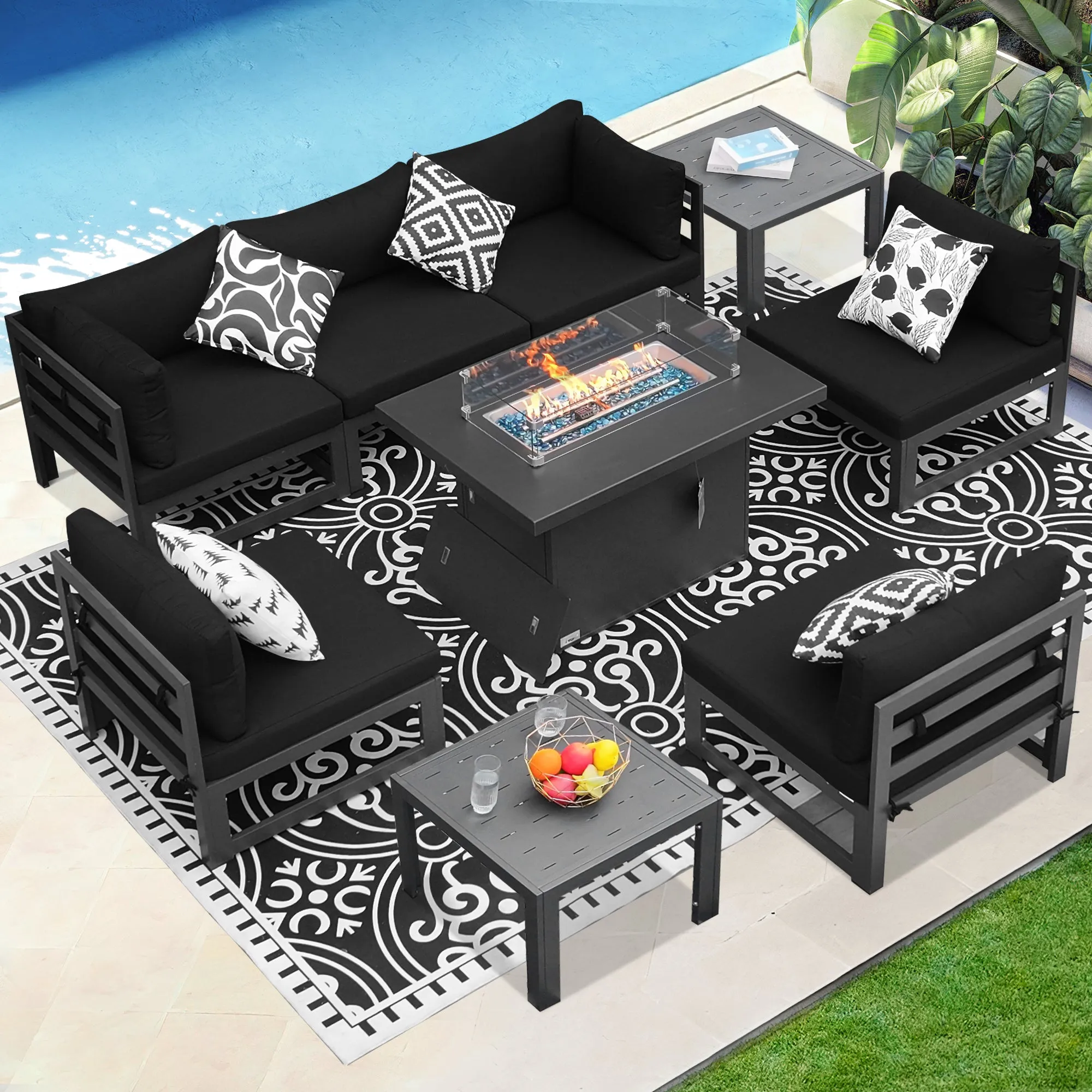 NICESOUL Aluminum Patio Sofa with Fire Pit, Table 6 Seater 9-Piece