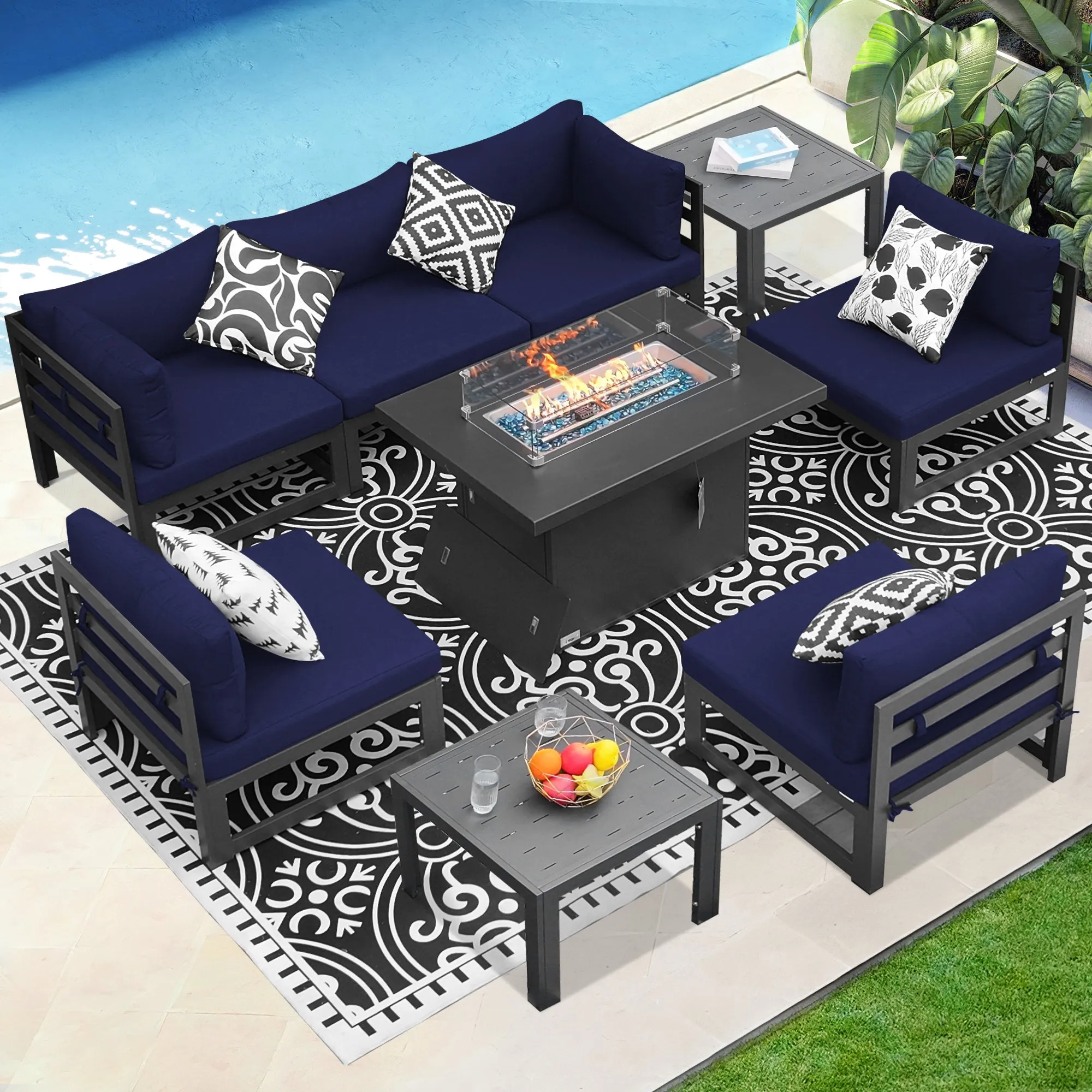 NICESOUL Aluminum Patio Sofa with Fire Pit, Table 6 Seater 9-Piece