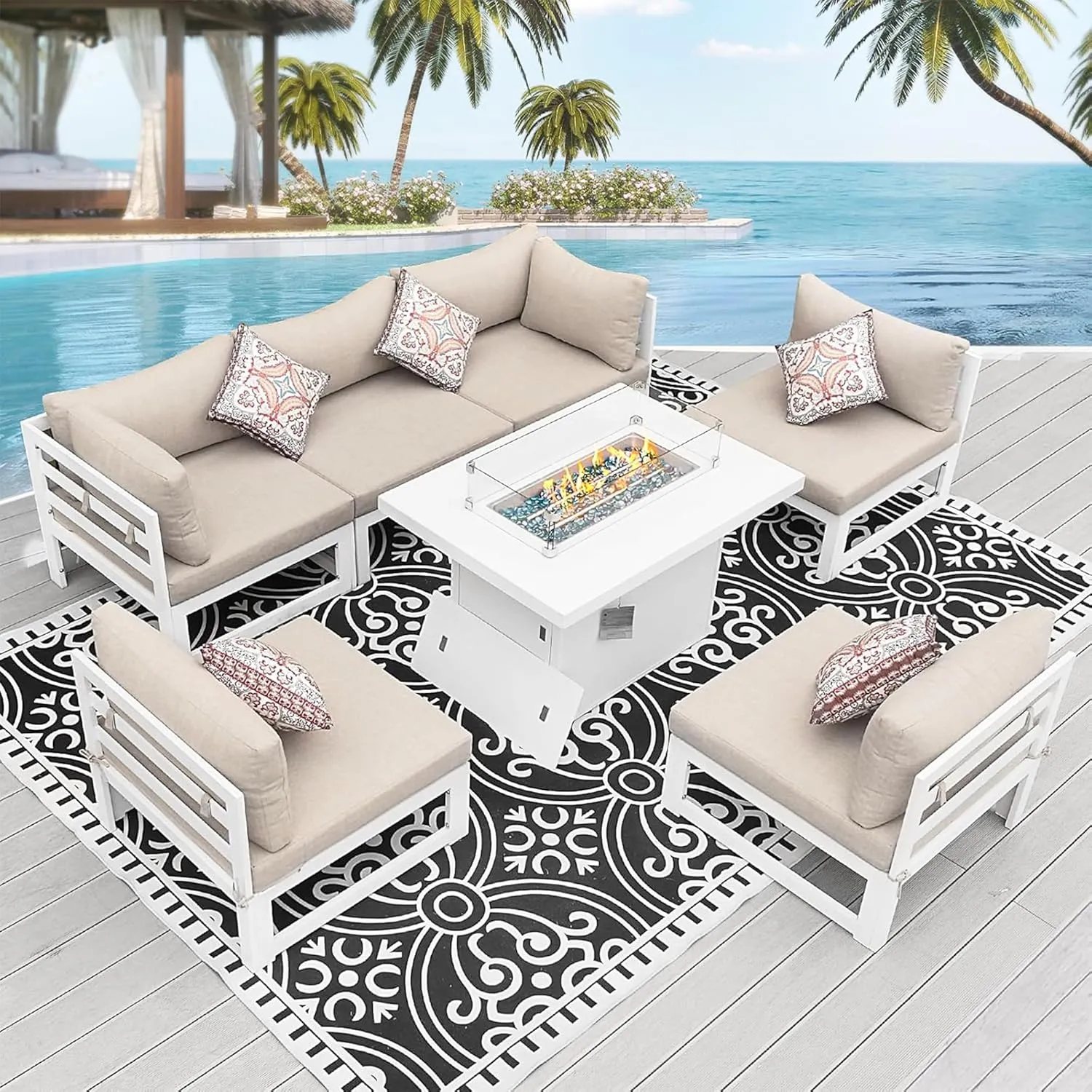 NICESOUL White Aluminum Patio Set with Firepit, Heavy Duty Deep Seating Contemporary Outdoor Furniture Set for Poolside, Balcony, L Shaped 7 Piece Extra Large Patio Sectional Sofa for 6 People, Beige