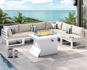 NICESOUL White Aluminum Patio Set with Firepit, Heavy Duty Deep Seating Contemporary Outdoor Furniture Set for Poolside, Balcony, L Shaped 7 Piece Extra Large Patio Sectional Sofa for 6 People, Beige