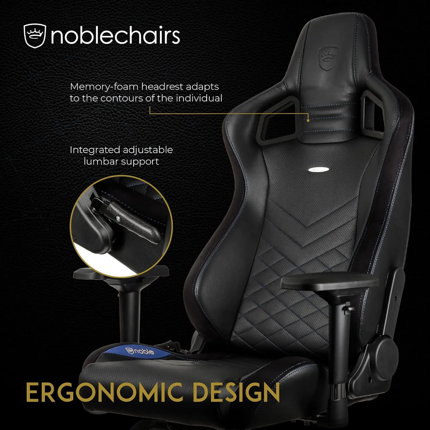 noblechairs Epic Reclining Gaming Chair and Reclining Office Chair, PU Faux Leather, Black/Blue