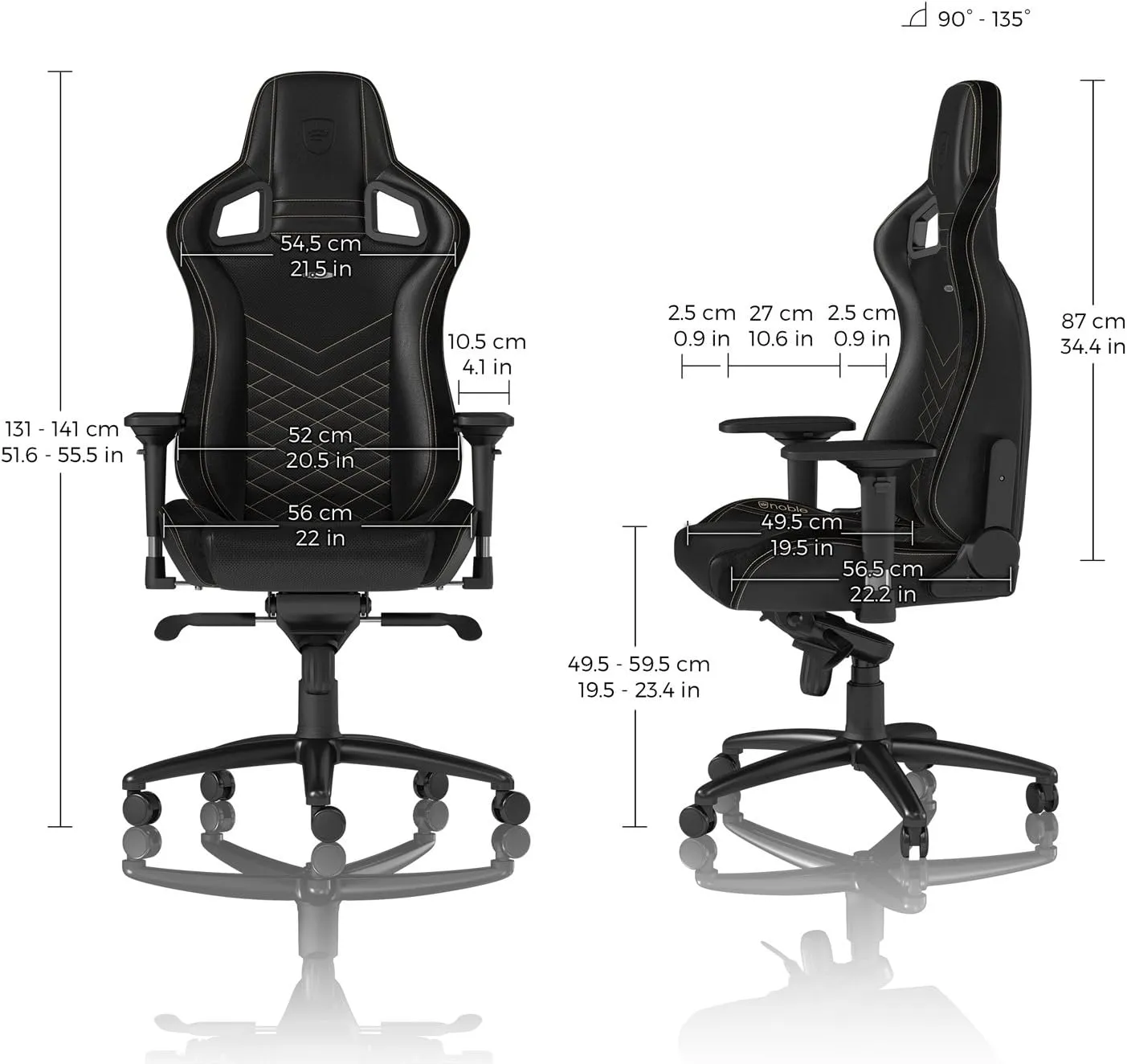 noblechairs Epic Reclining Gaming Chair and Reclining Office Chair, PU Faux Leather, Black/Gold