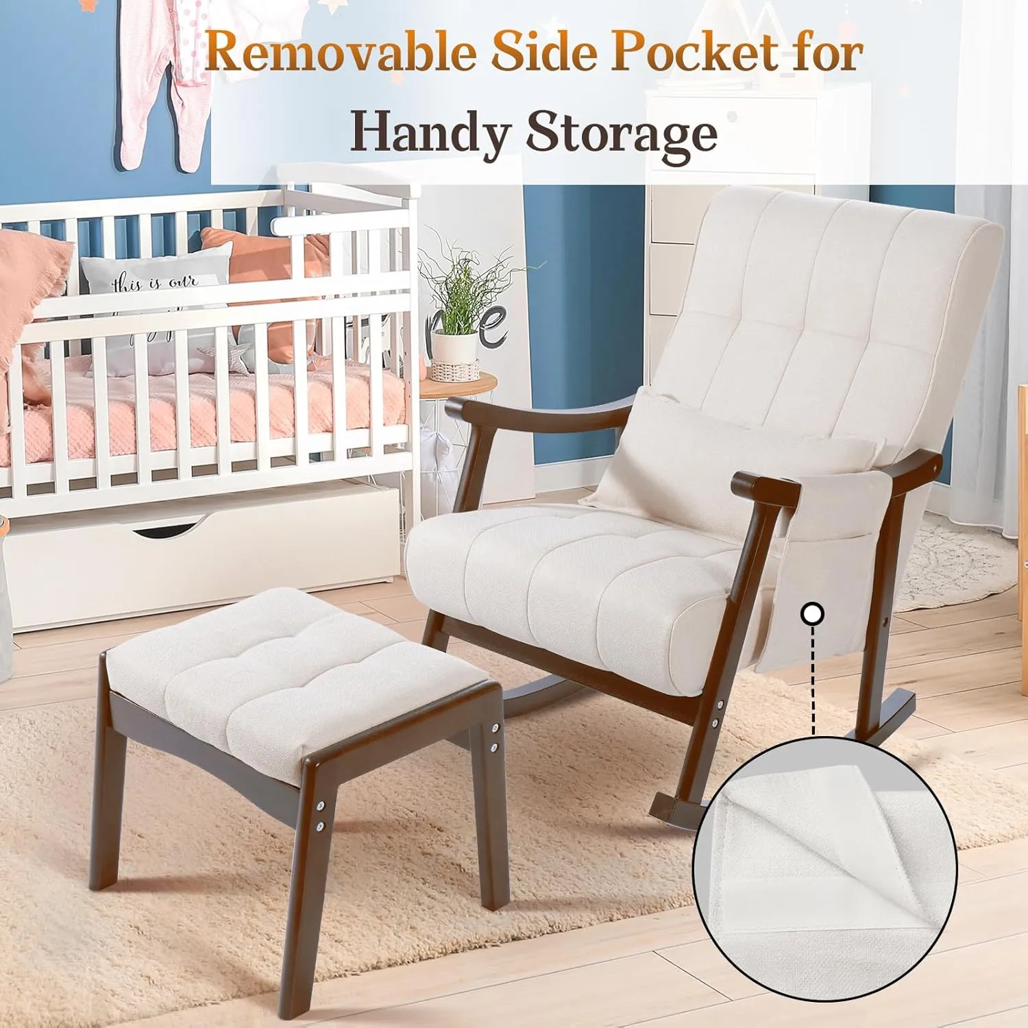 NOBLEMOOD Upholstered Rocking Chair with Ottoman, Modern Indoor Nursery Glider Rocker Chair, Solid Wood High Back Armchair with Fabric Padded Seat for Living Room Bedroom