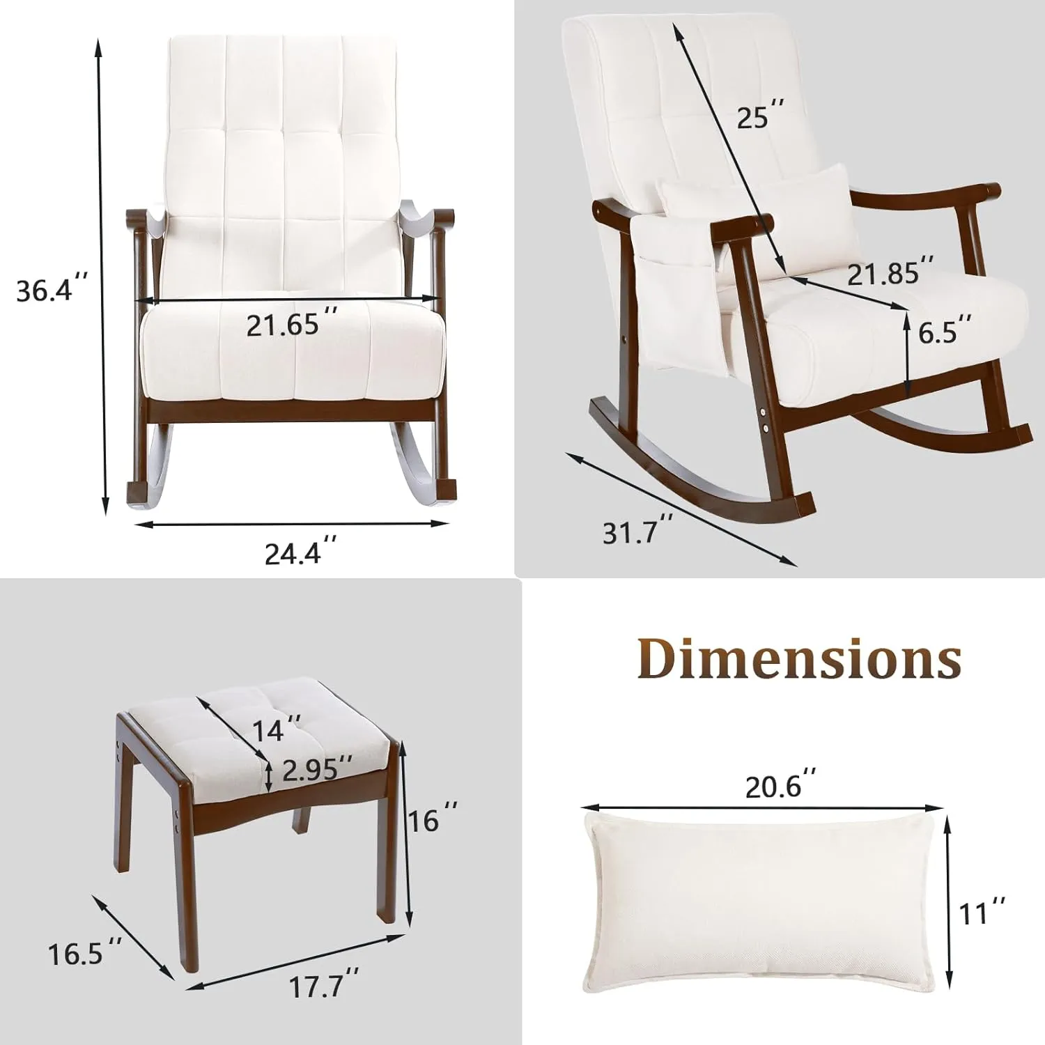 NOBLEMOOD Upholstered Rocking Chair with Ottoman, Modern Indoor Nursery Glider Rocker Chair, Solid Wood High Back Armchair with Fabric Padded Seat for Living Room Bedroom