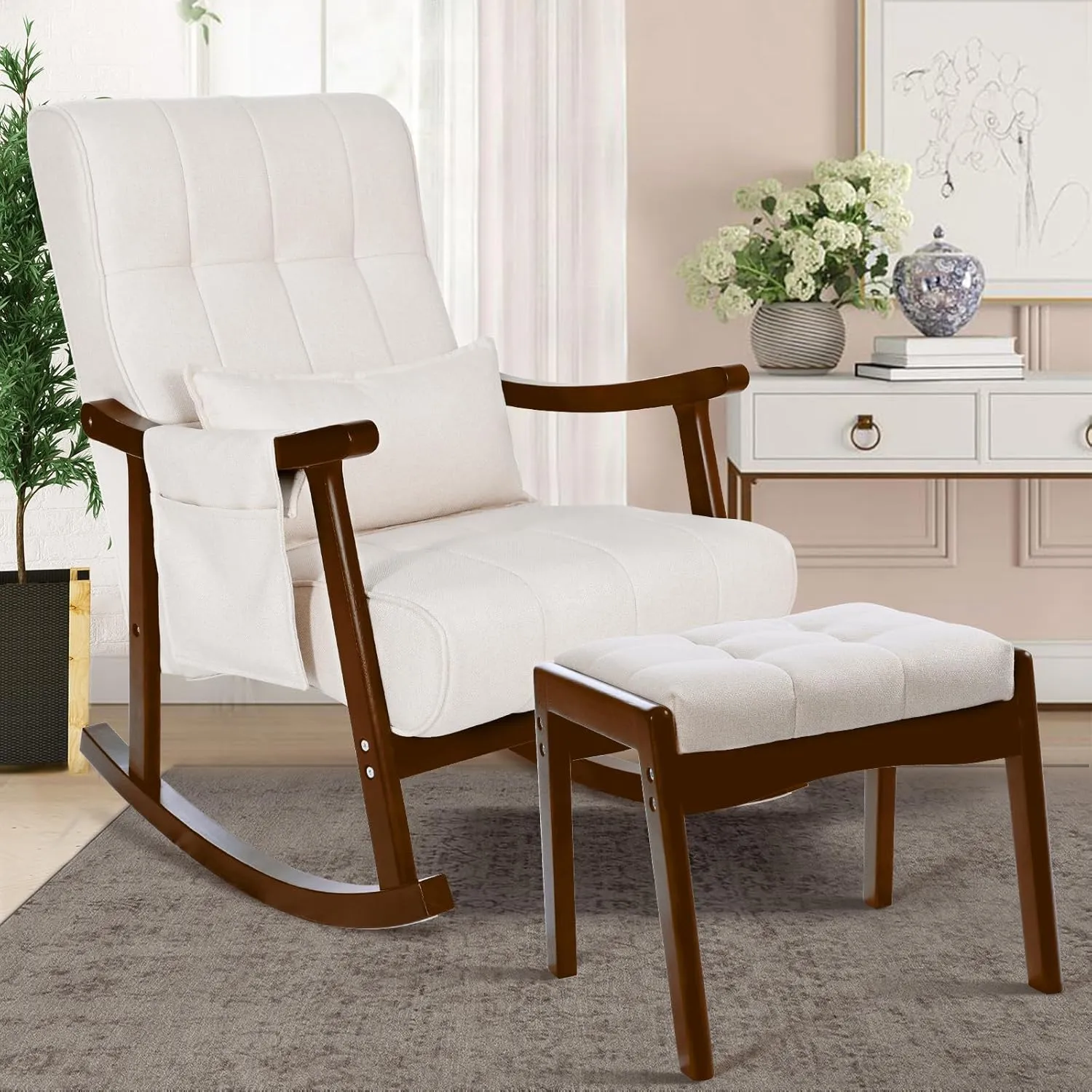NOBLEMOOD Upholstered Rocking Chair with Ottoman, Modern Indoor Nursery Glider Rocker Chair, Solid Wood High Back Armchair with Fabric Padded Seat for Living Room Bedroom