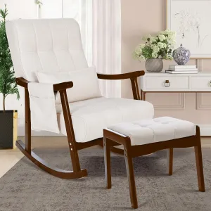 NOBLEMOOD Upholstered Rocking Chair with Ottoman, Modern Indoor Nursery Glider Rocker Chair, Solid Wood High Back Armchair with Fabric Padded Seat for Living Room Bedroom