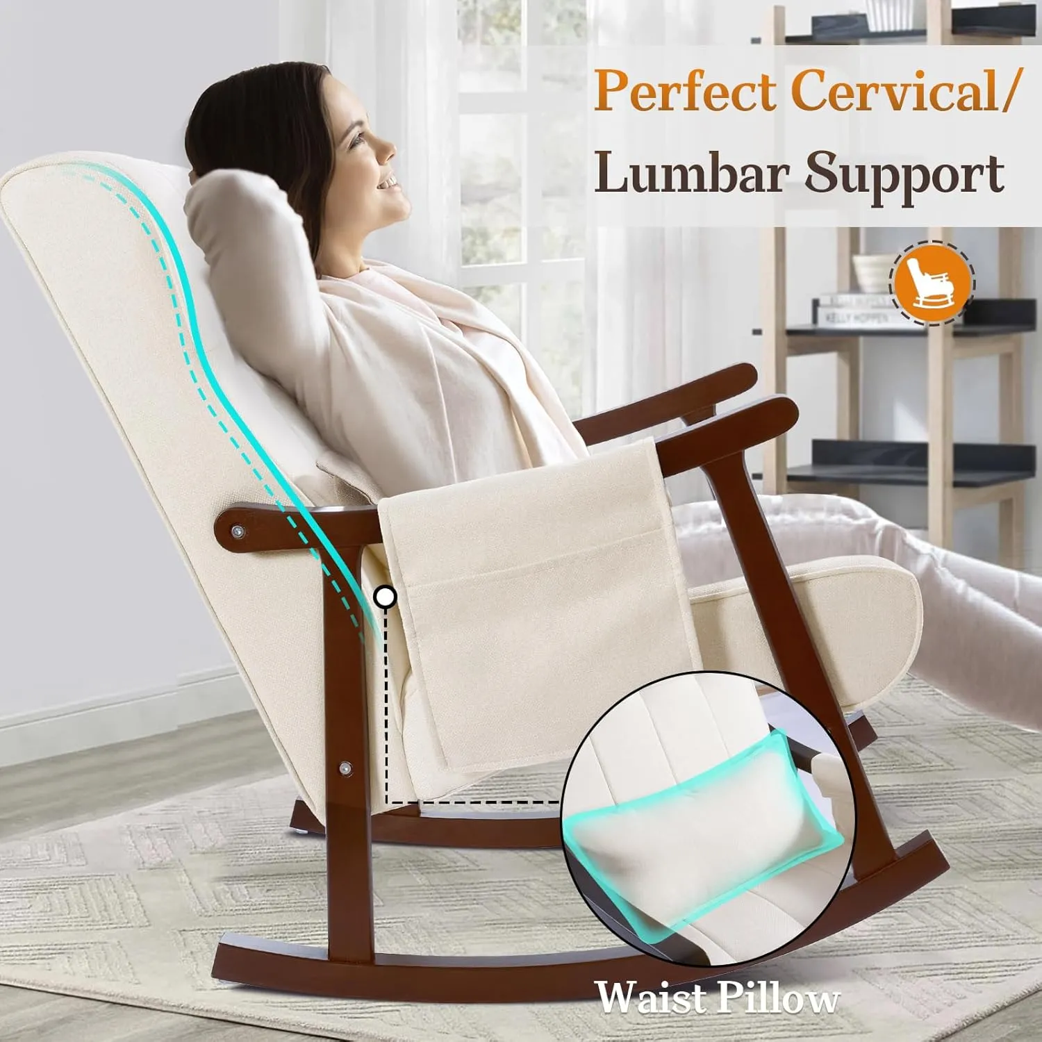 NOBLEMOOD Upholstered Rocking Chair with Ottoman, Modern Indoor Nursery Glider Rocker Chair, Solid Wood High Back Armchair with Fabric Padded Seat for Living Room Bedroom