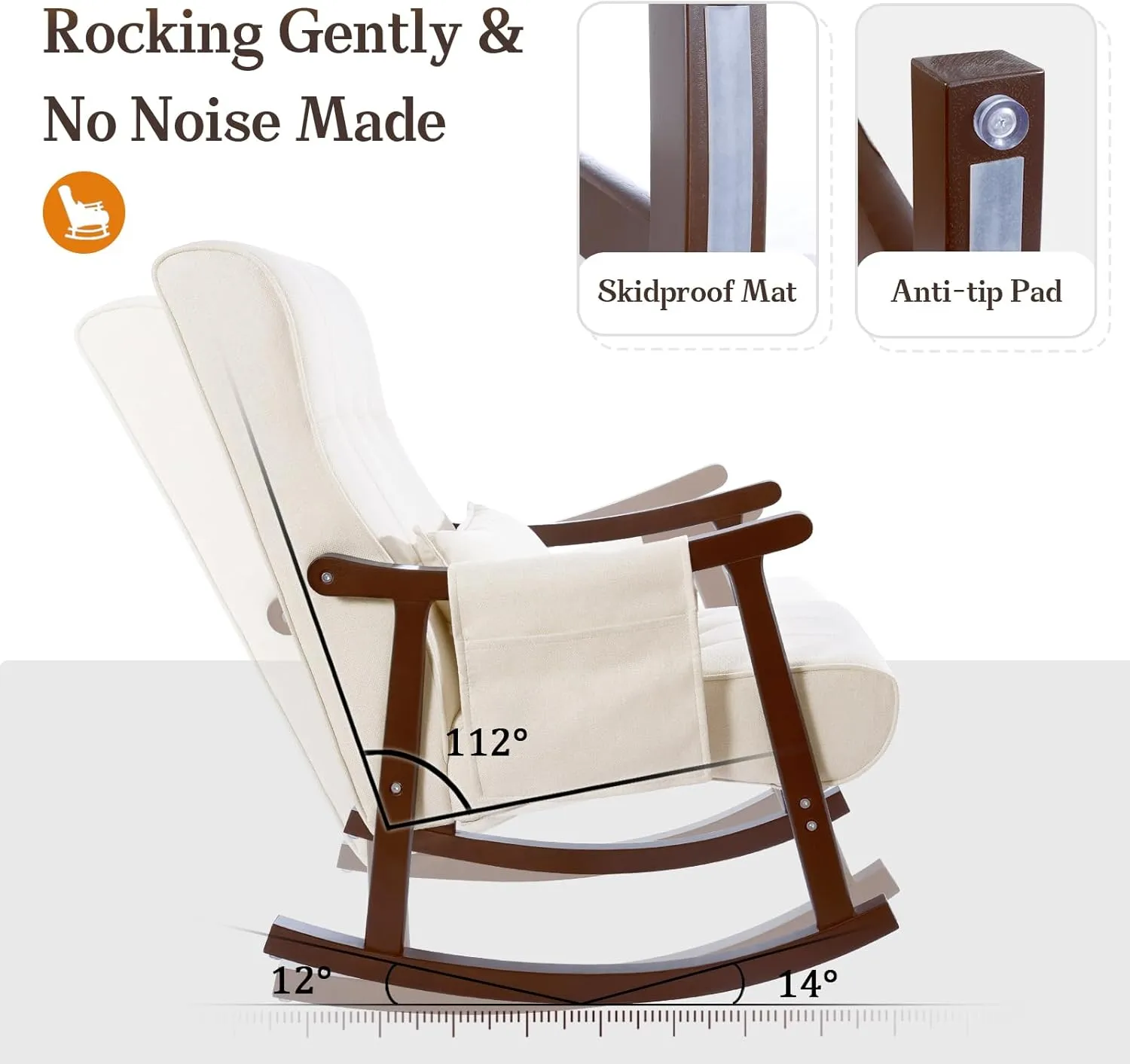 NOBLEMOOD Upholstered Rocking Chair with Ottoman, Modern Indoor Nursery Glider Rocker Chair, Solid Wood High Back Armchair with Fabric Padded Seat for Living Room Bedroom