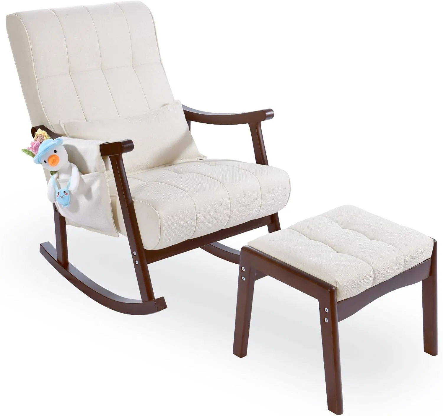 NOBLEMOOD Upholstered Rocking Chair with Ottoman, Modern Indoor Nursery Glider Rocker Chair, Solid Wood High Back Armchair with Fabric Padded Seat for Living Room Bedroom