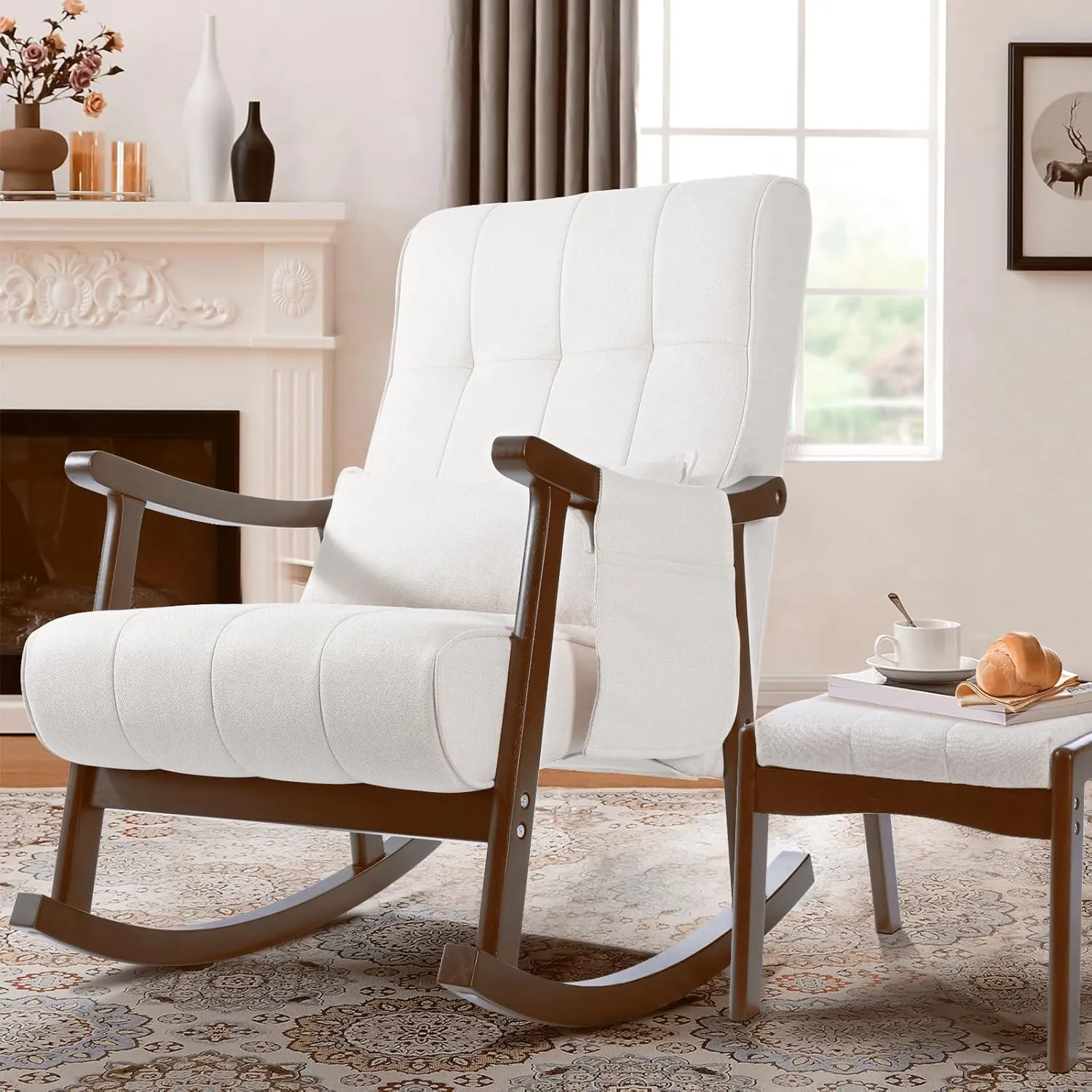 NOBLEMOOD Upholstered Rocking Chair with Ottoman, Modern Indoor Nursery Glider Rocker Chair, Solid Wood High Back Armchair with Fabric Padded Seat for Living Room Bedroom