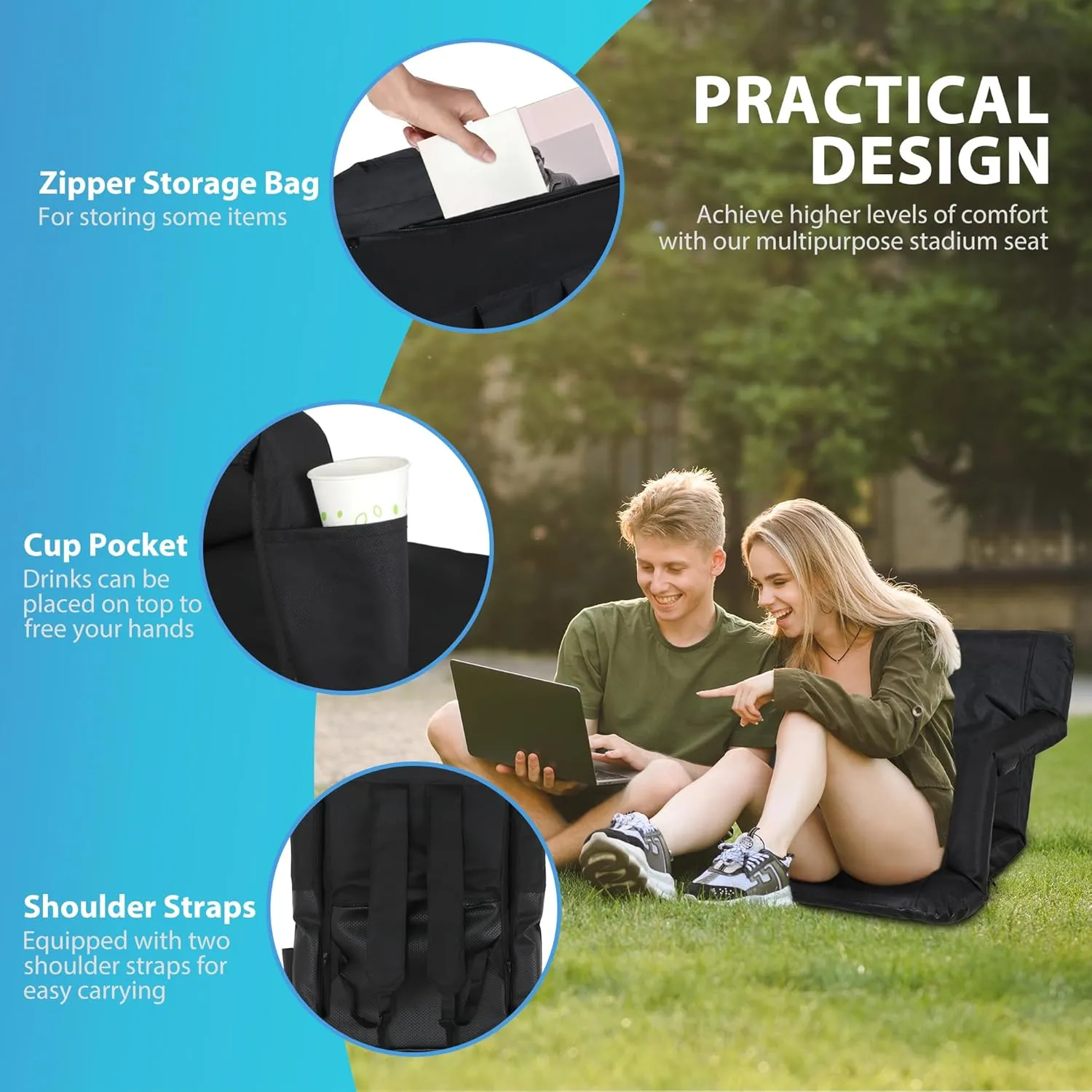 Nouva Portable Stadium Seat,Folding Reclining Bleacher Chair 6 Reclining Positions with Back Support Storage Pocket Shoulder Strap Black