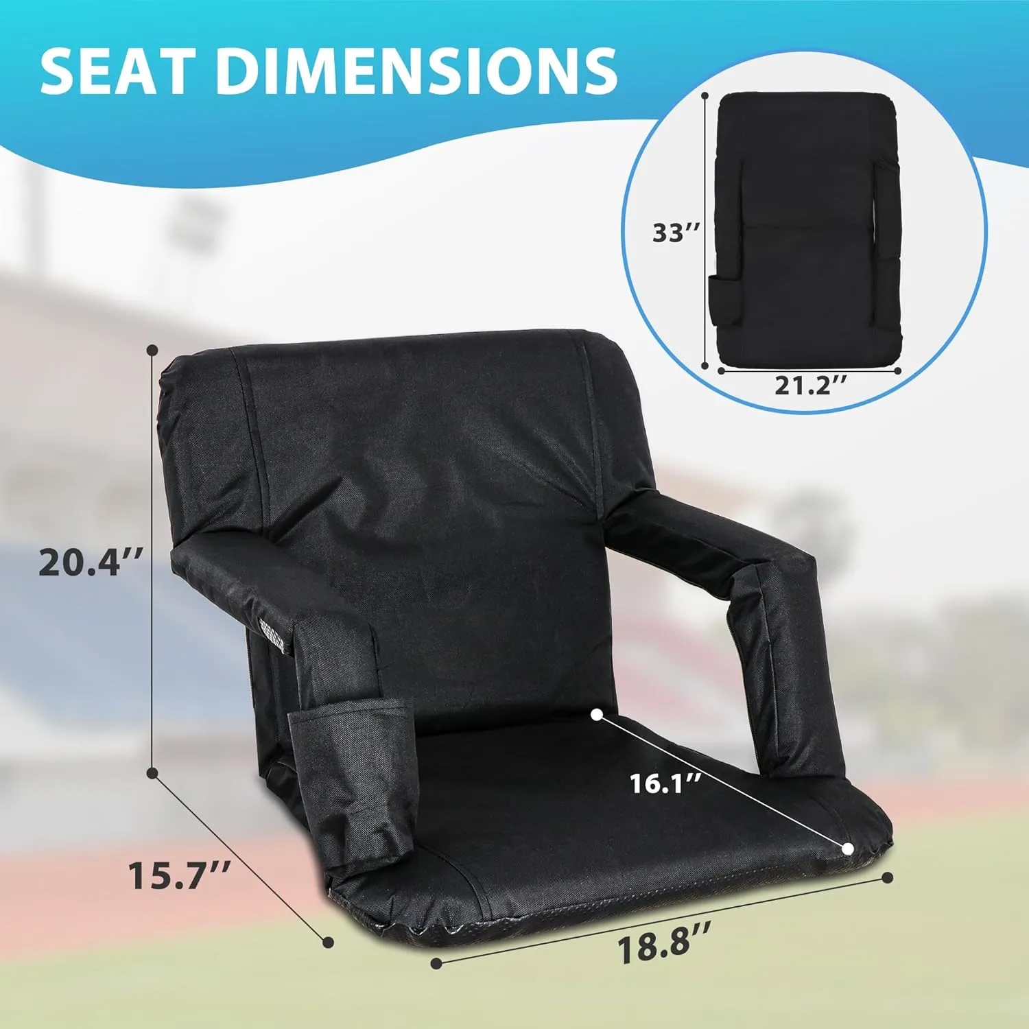 Nouva Portable Stadium Seat,Folding Reclining Bleacher Chair 6 Reclining Positions with Back Support Storage Pocket Shoulder Strap Black