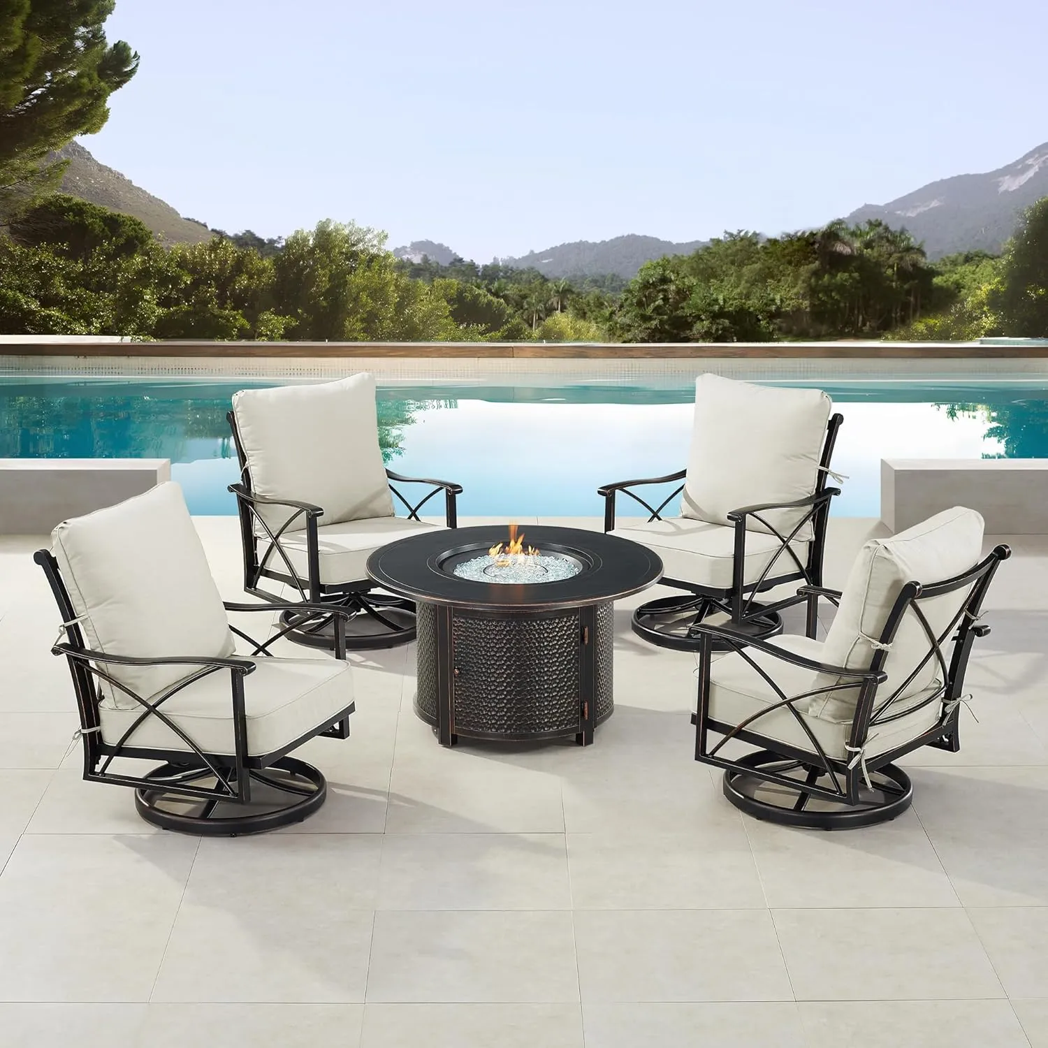 Oakland Living AHRI-4CH-MATERA-LGCU-IB-AC Black Aluminum Patio Fire Table Set with Four Club Chairs, Antique Copper