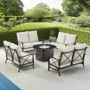 Oakland Living AHRI-4LS-CLIFF-LGCU-IB-AC Black Aluminum Patio Fire Table Set with Four Deep Seating Loveseat with Cushions, Antique Copper