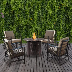 Oakland Living Aluminum 34-in Round Antique Copper Fire Table Set with Four Deep Seating Rocking Chairs, Fire Beads, Lid, Propane Tank Cover and Table Fabric Covers
