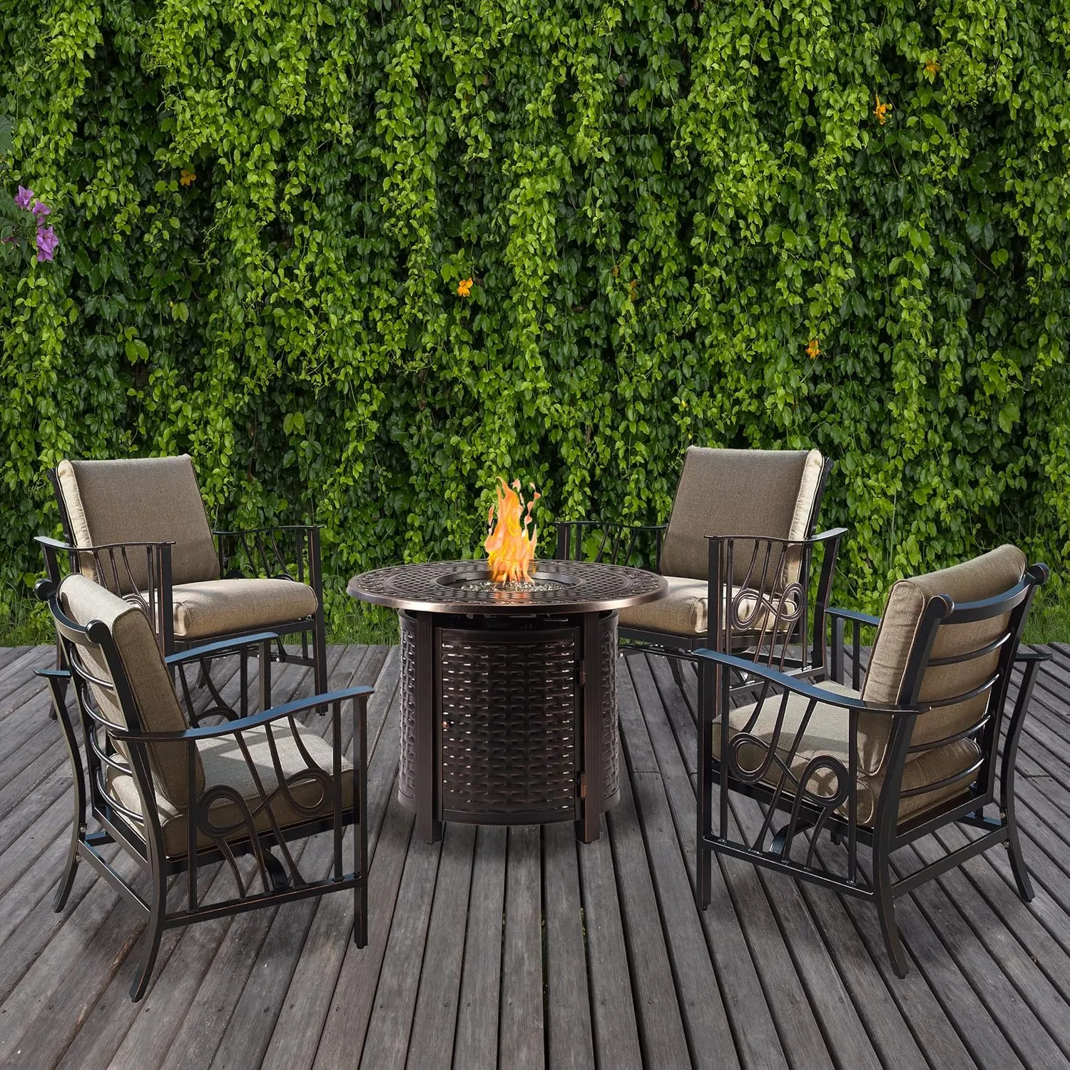 Oakland Living Aluminum 34-in Round Antique Copper Fire Table Set with Four Deep Seating Rocking Chairs, Fire Beads, Lid, Propane Tank Cover and Table Fabric Covers