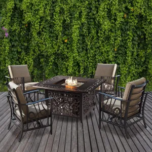 Oakland Living Aluminum 42-in Square Antique Copper Fire Table Set with Four Deep Seating Rocking Chairs, Fire Beads, Lid, Propane Tank Cover and Table Fabric Covers