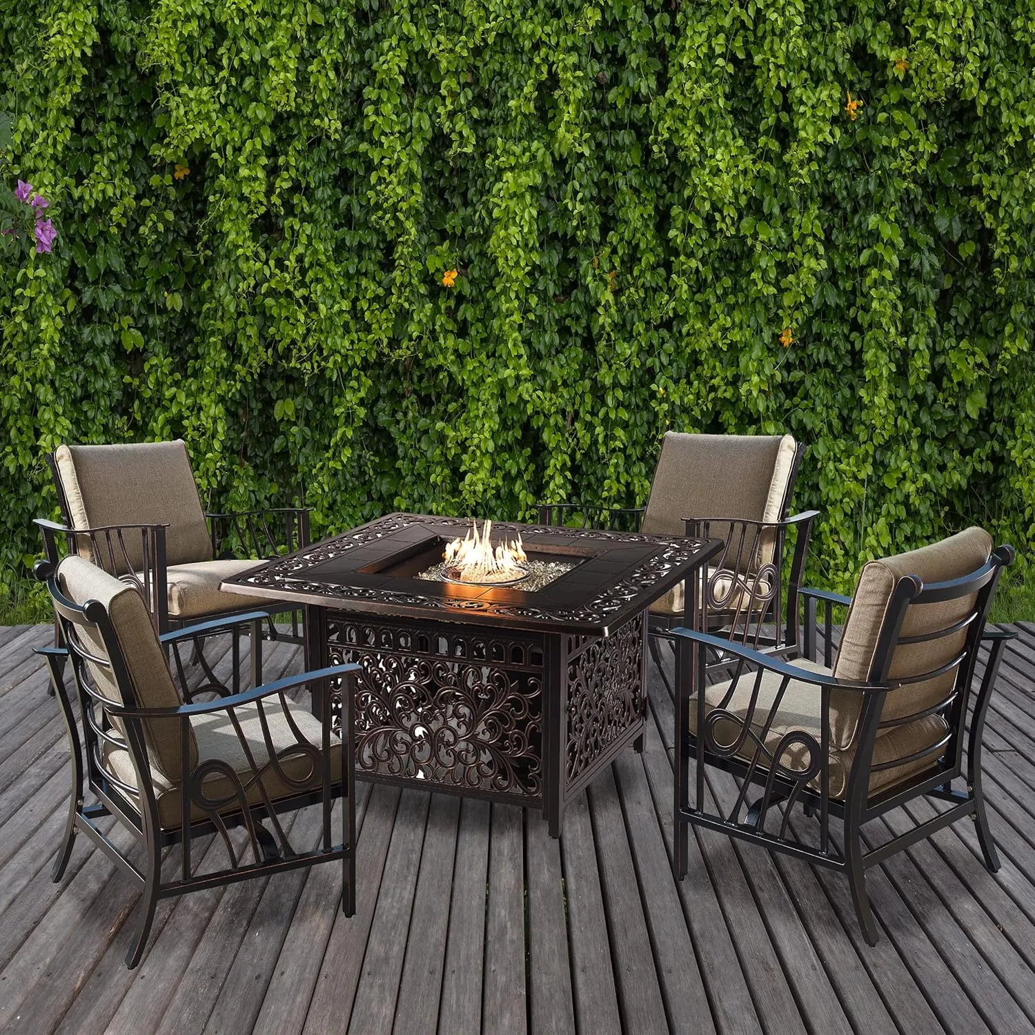 Oakland Living Aluminum 42-in Square Antique Copper Fire Table Set with Four Deep Seating Rocking Chairs, Fire Beads, Lid, Propane Tank Cover and Table Fabric Covers