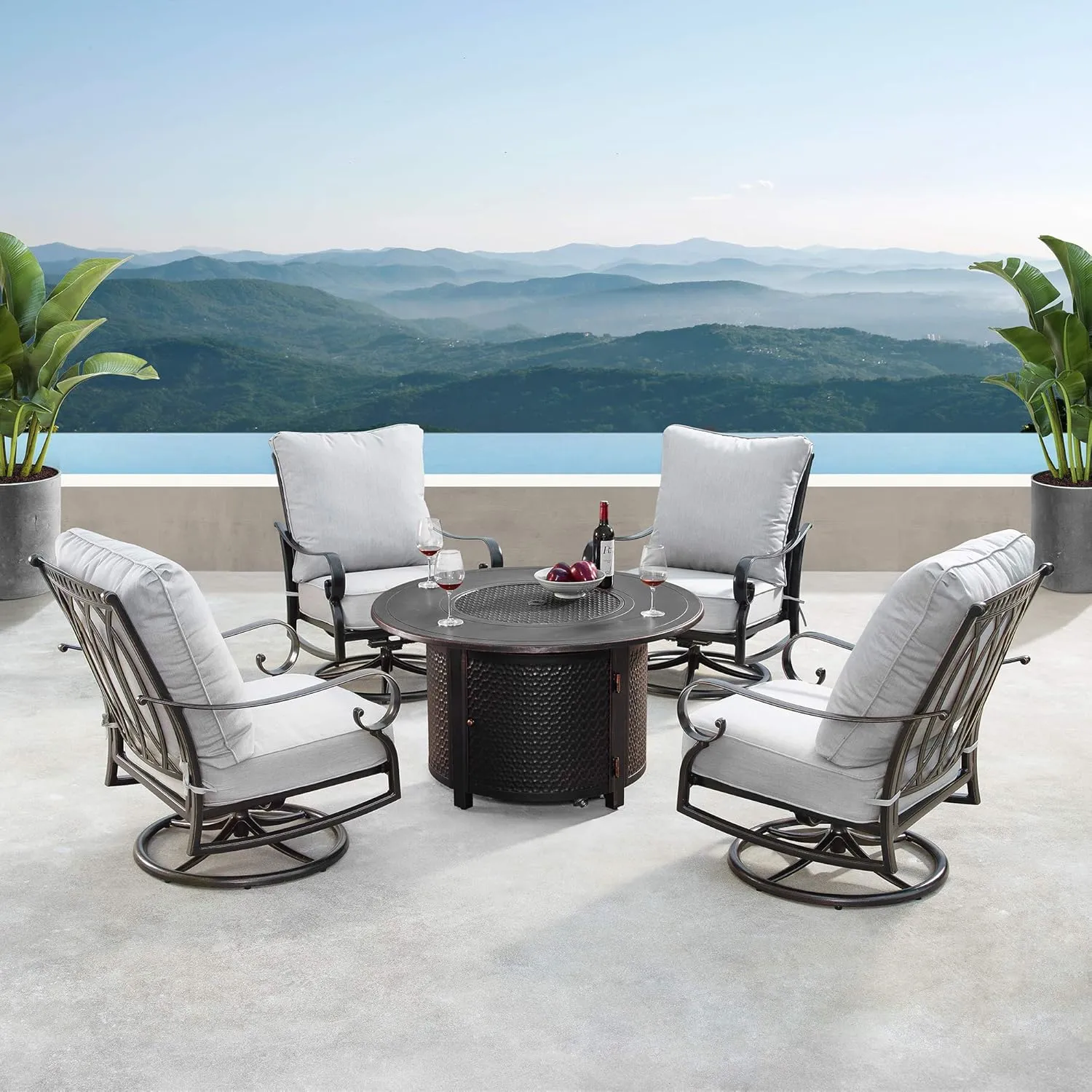 Oakland Living Aluminum 44 in. Round Fire Table Set Four Deep Seating Swivel Rockers, Fire Beads, Lid and Fabric Covers