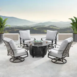 Oakland Living Aluminum 44 in. Round Fire Table Set Four Deep Seating Swivel Rockers, Fire Beads, Lid and Fabric Covers