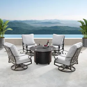 Oakland Living Aluminum 44 in. Round Fire Table Set Four Deep Seating Swivel Rockers, Fire Beads, Lid and Fabric Covers