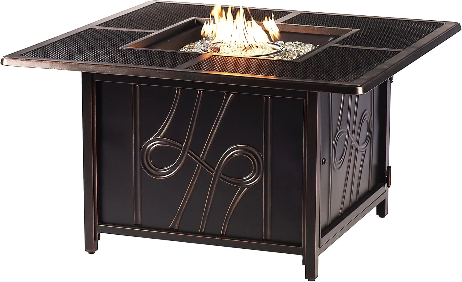 Oakland Living Aluminum 57,0000 BTU 42 in. Square Propane Black Fire Pit Table with Fire Beads, Lid, Propane Tank Cover and Table Fabric Covers in Copper Finish,AZREGIS-FPT-AC