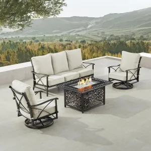 Oakland Living Black Aluminum Fire Table Set with Deep Seating Sofa with Cushion and Two Club Chairs