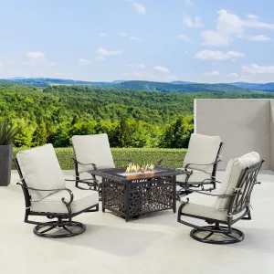 Oakland Living Black Aluminum Patio Fire Table Set with Four Club Chairs, Cushions and Wind Blocker
